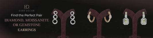 pairs of diamond, moissanite and gemstone earrings are displayed on velvet stands with a “find the perfect pair” headline.