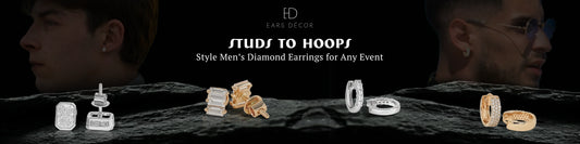 men wearing diamond stud and hoop earrings with a close-up view of stylish diamond earring designs from ears decor.