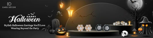 diamond stud earrings styled for halloween night with pumpkins, ghosts, and lanterns