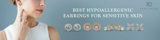 the woman is wearing stylish hypoallergenic diamond earrings and is shown with various stud designs