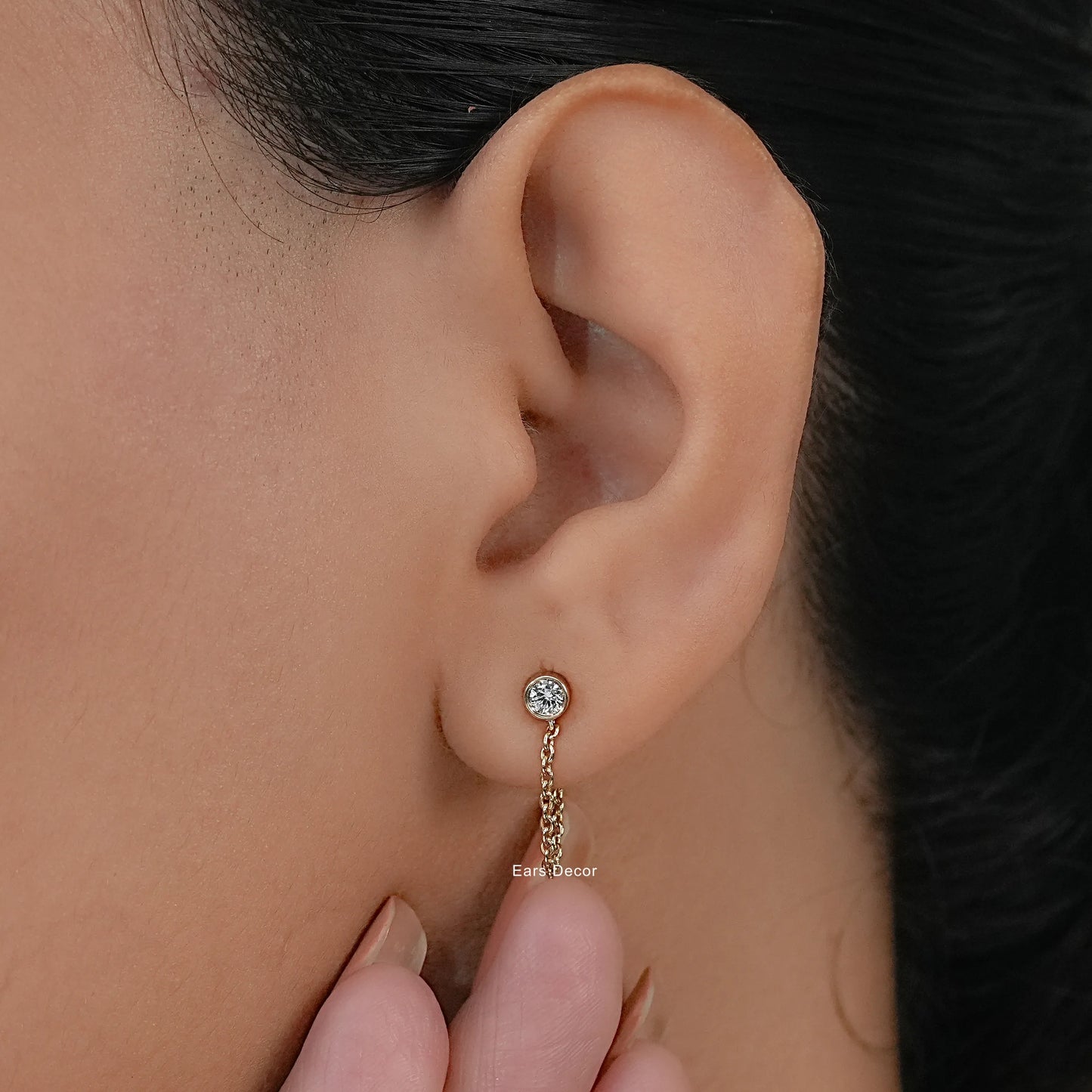 Round Cut Diamond Stud Dangle Chain Earring