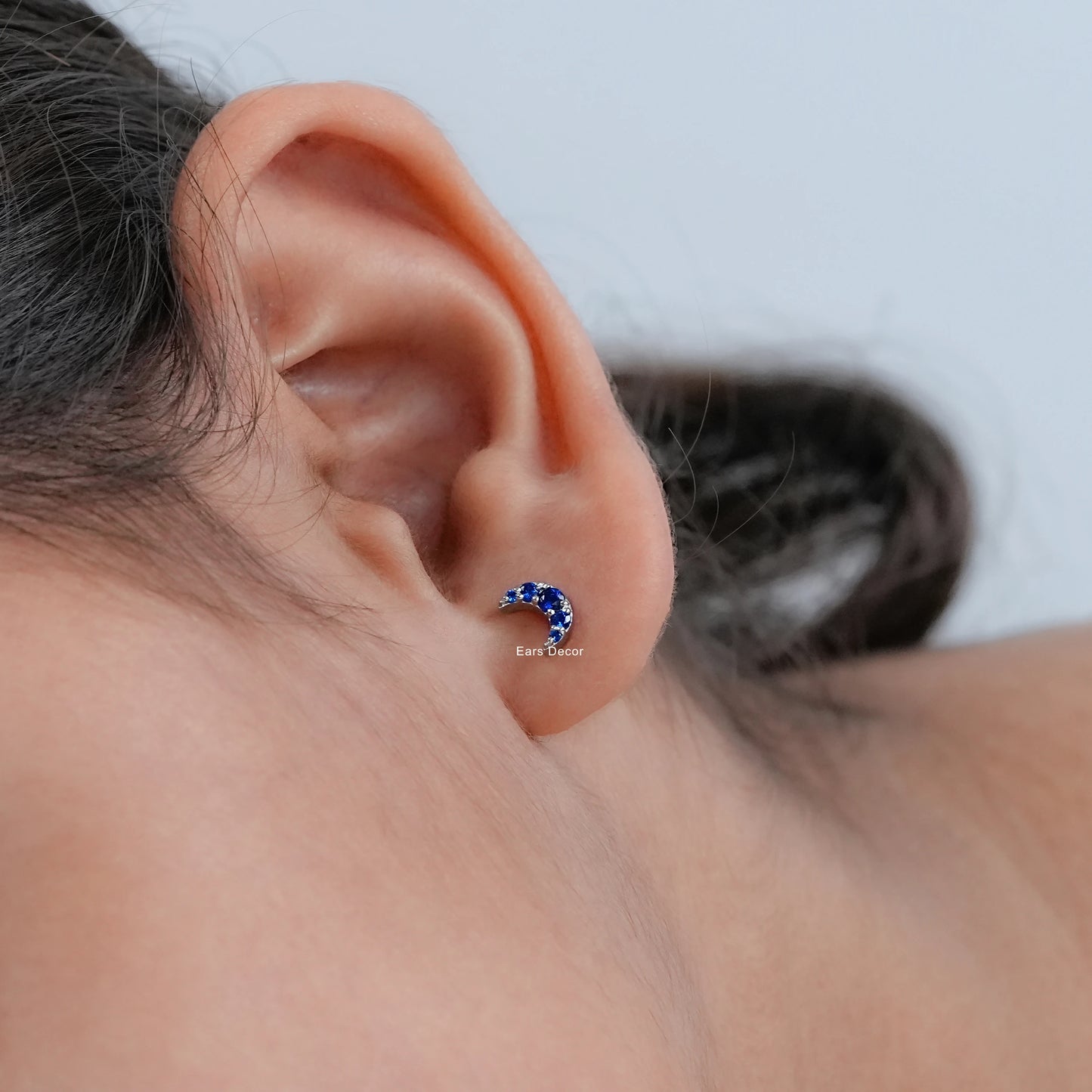 Round Sapphire Crescent Moon Dainty Studs