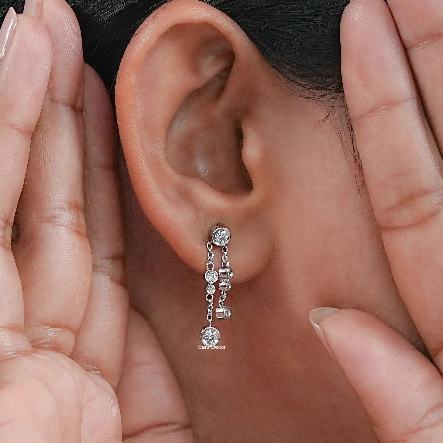 Round Natural Diamond Bezel Set Chain Dangle Drop Earring