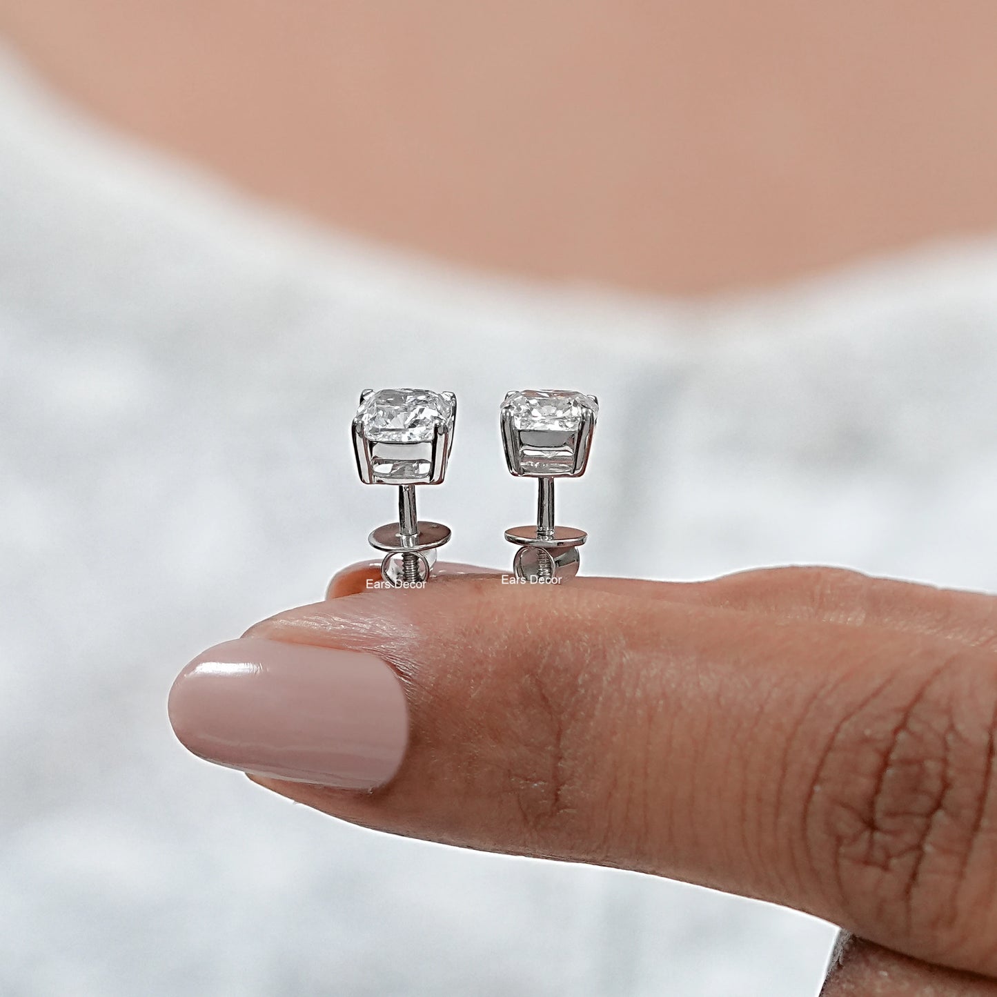 side view of cushion cut moissanite stud earrings in 925 silver prong setting