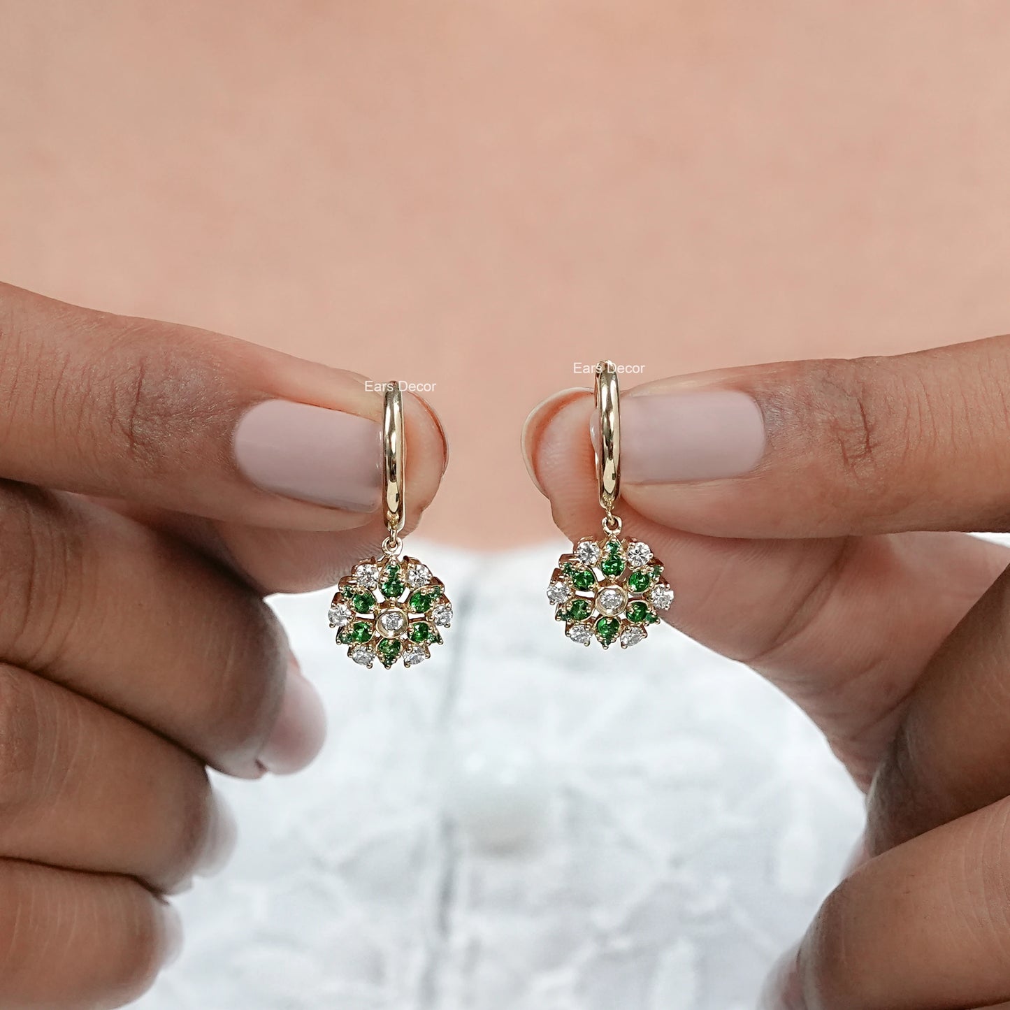 Emerald Round Gemstone And Diamond Petite Dangle Earrings