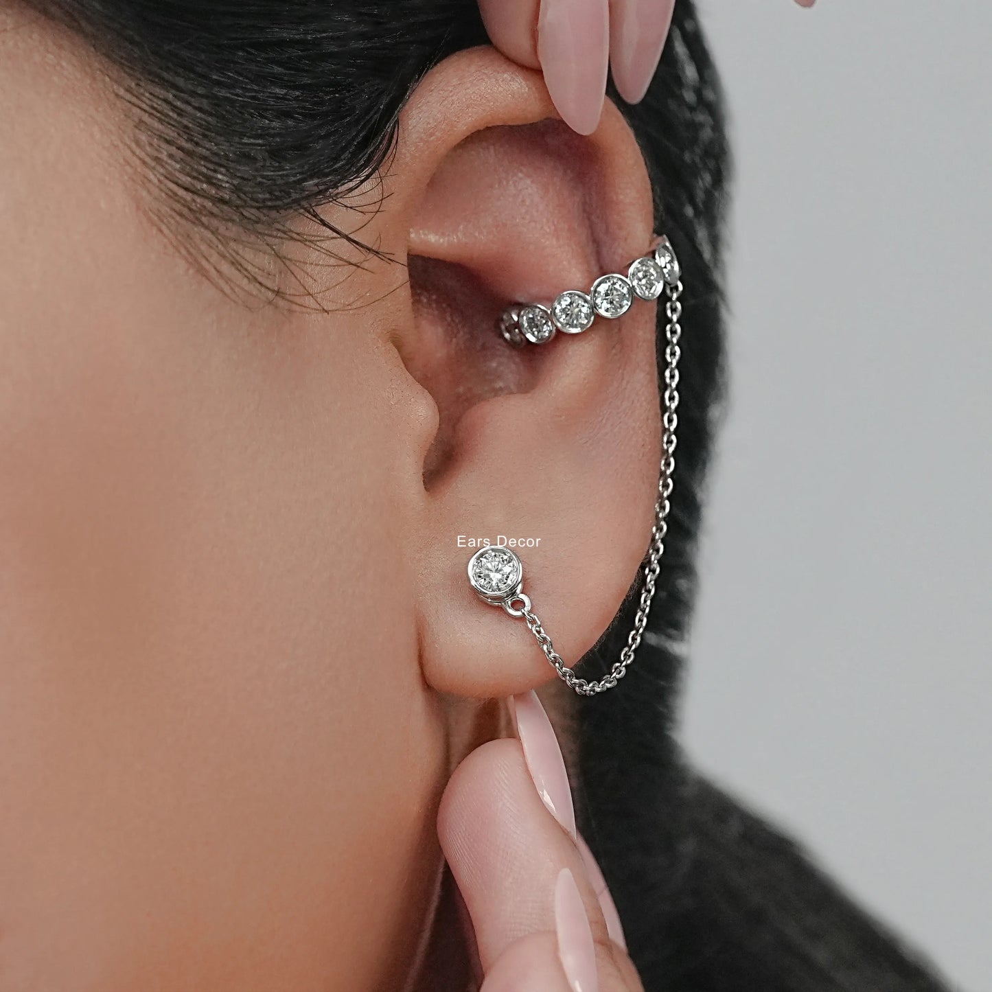 Double Peircing Round Cut Dangle Hoop Chain Earring