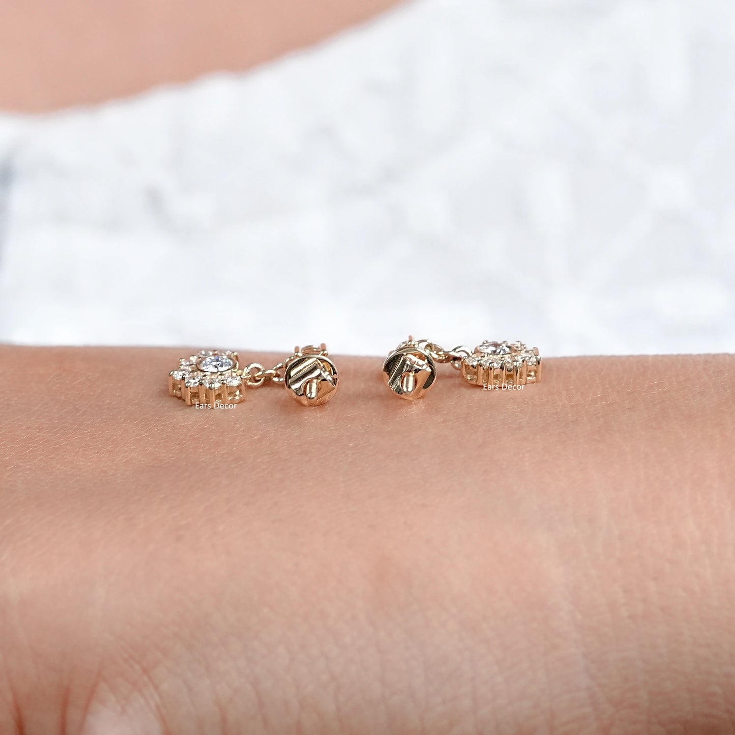 Round Cut Lab Grown Diamond Bezel Half Halo Dangle Earrings