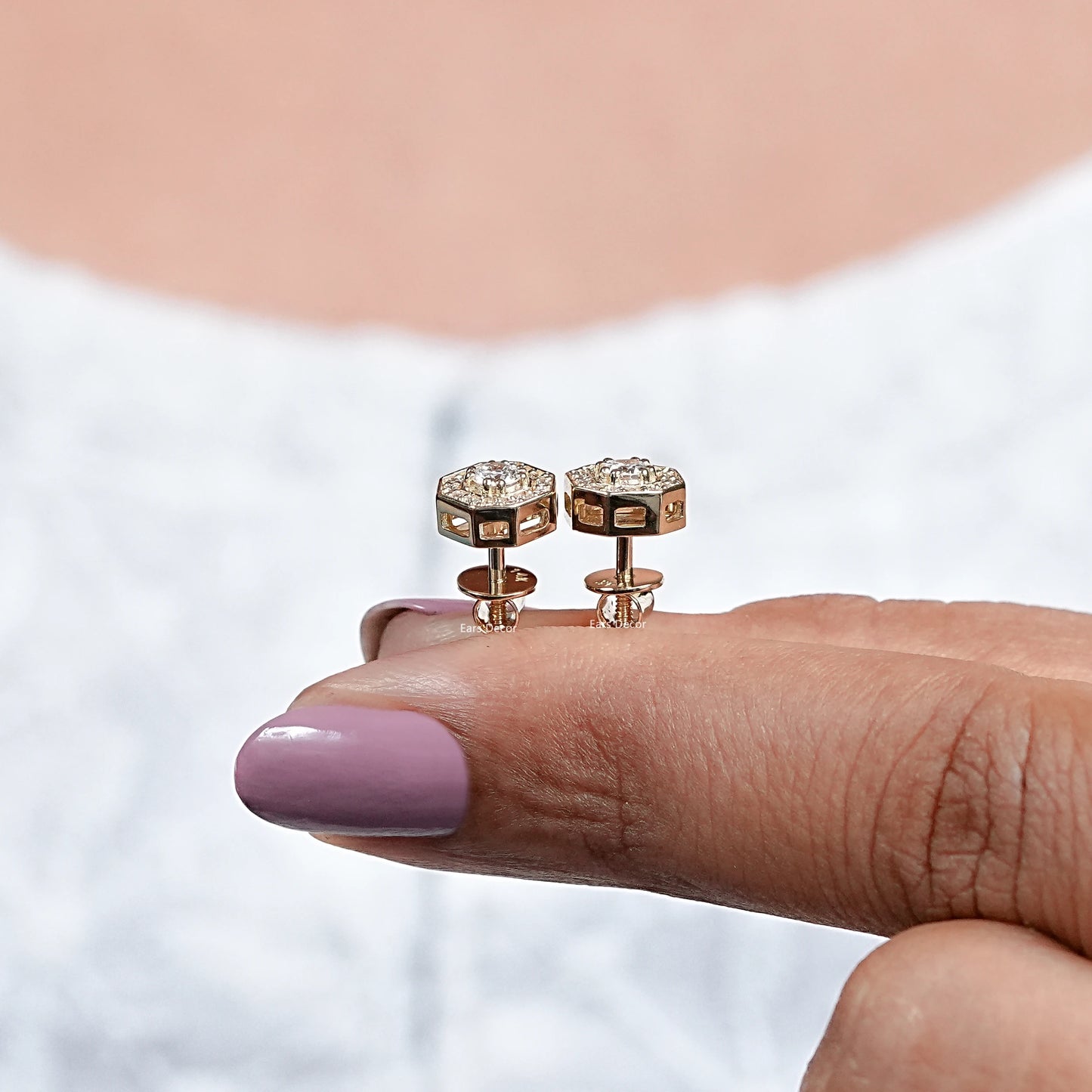 Octagon Shape Round Diamond Halo Stud Earrings