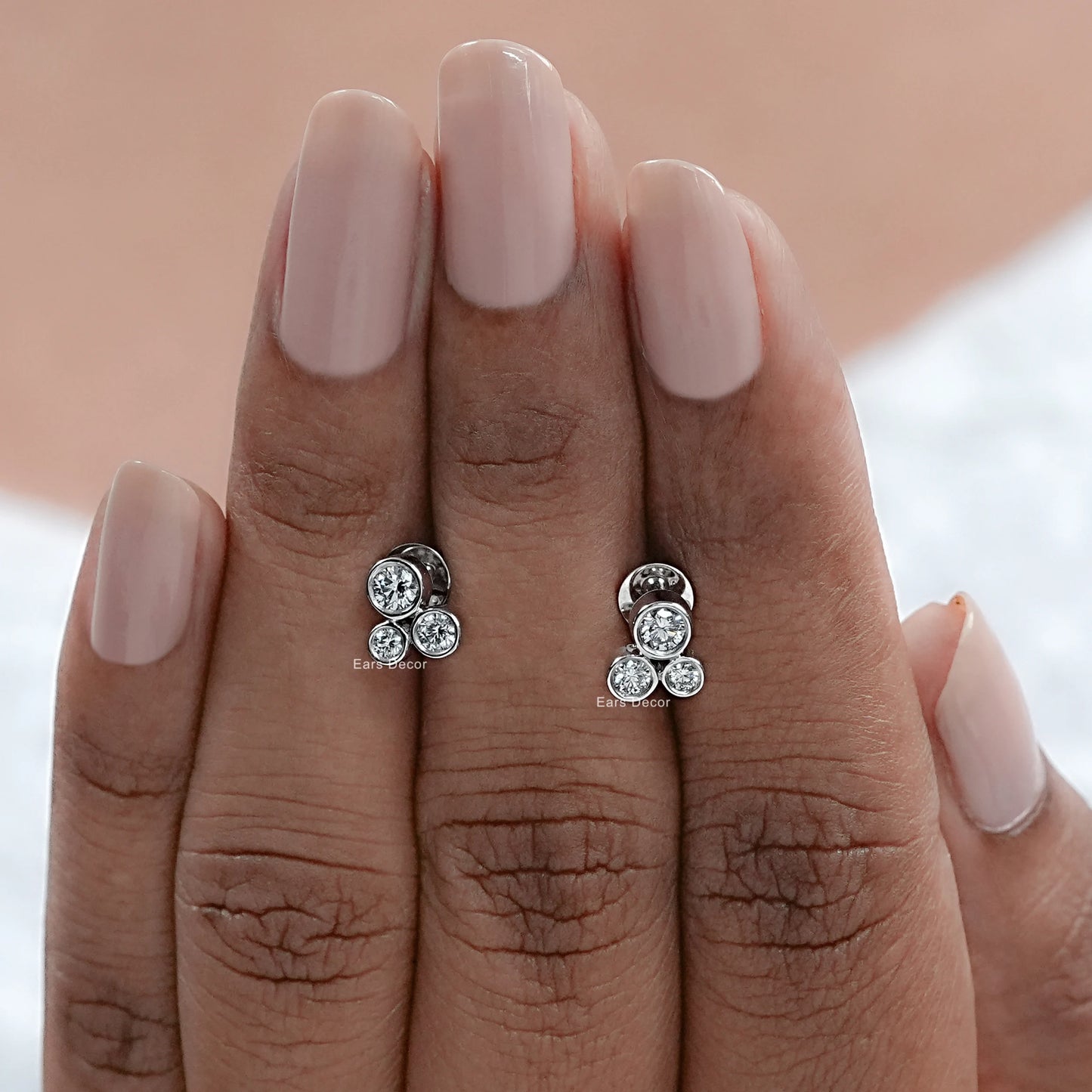 Three Stone Round Lab Grown Diamond Bezel Set Studs