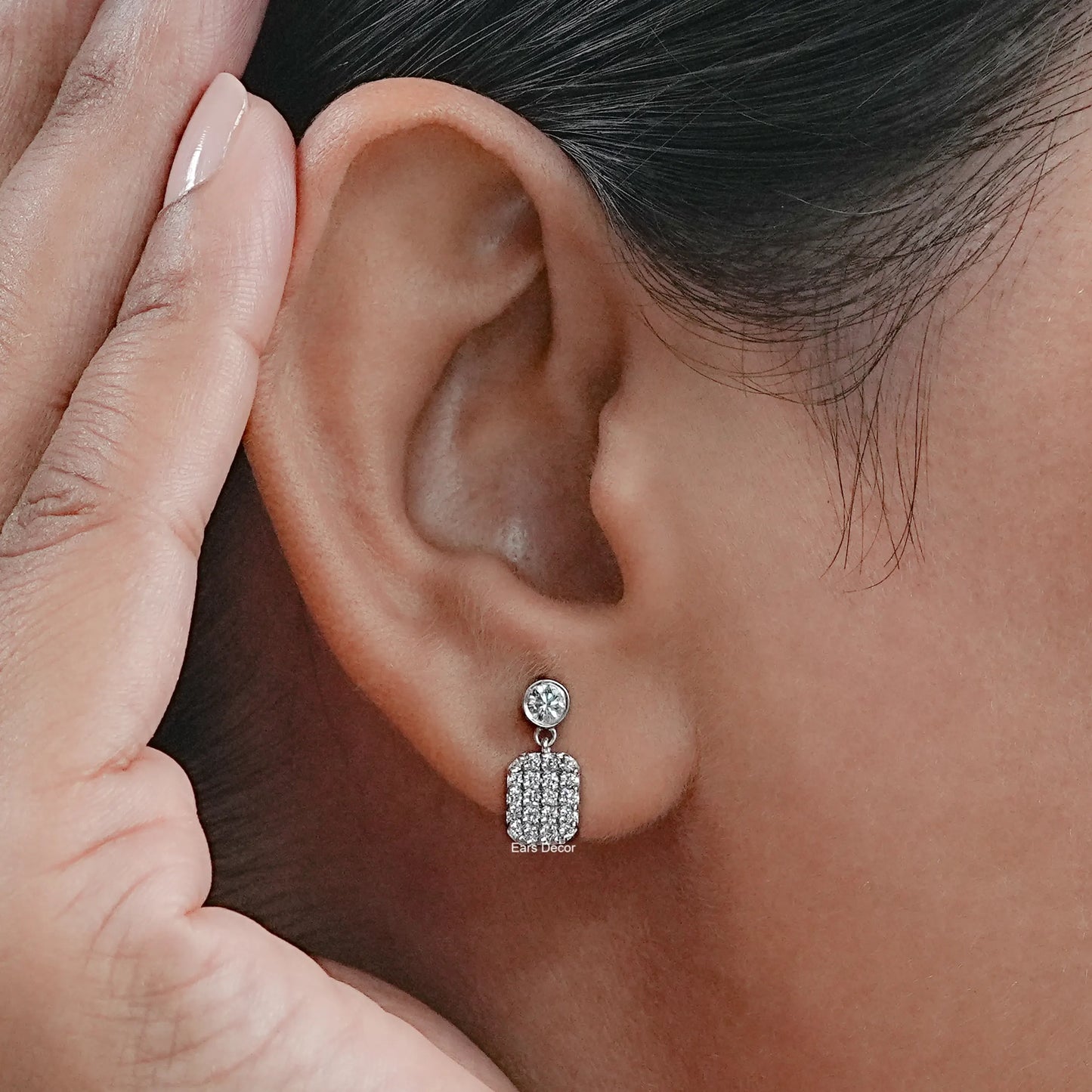 Round Lab Diamond Square Cluster Dangle Earrings