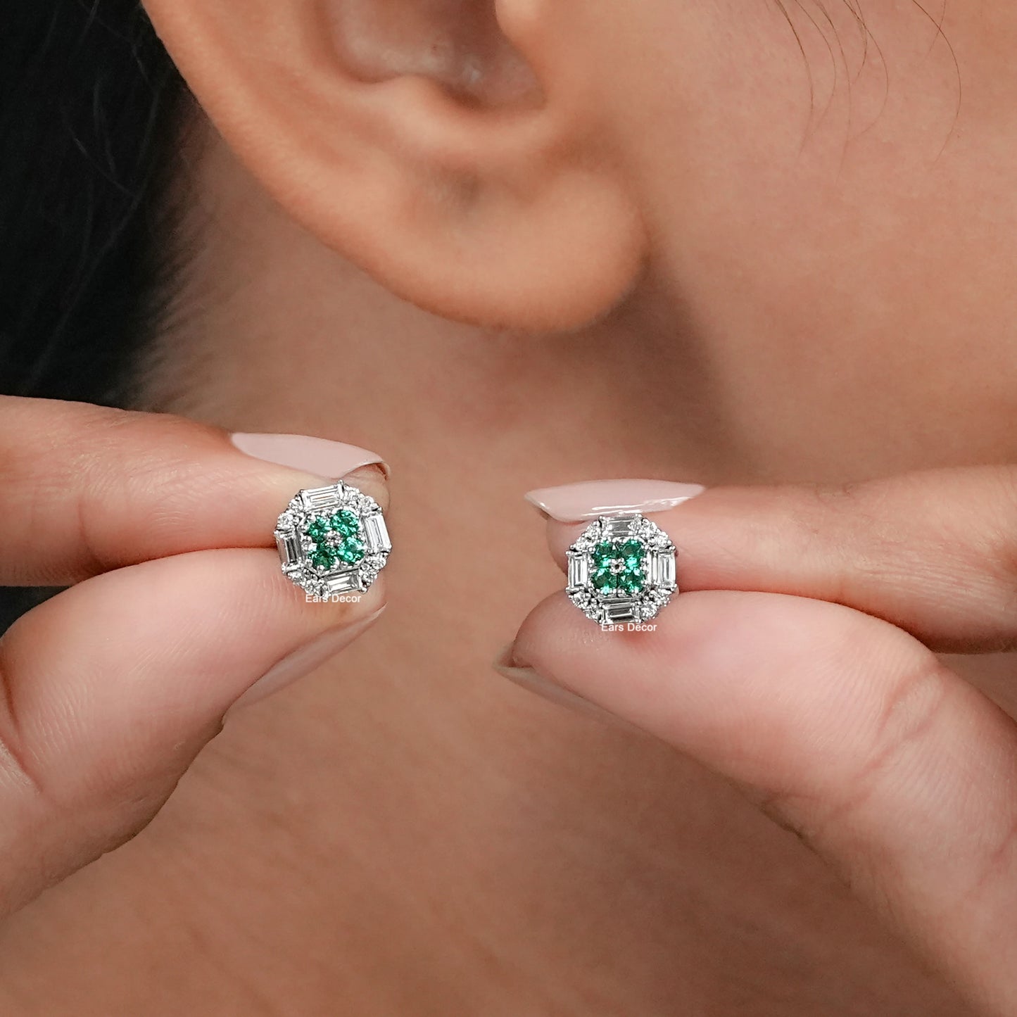 Emerald Round And Baguette Cut Diamond Square Cluster Earrings