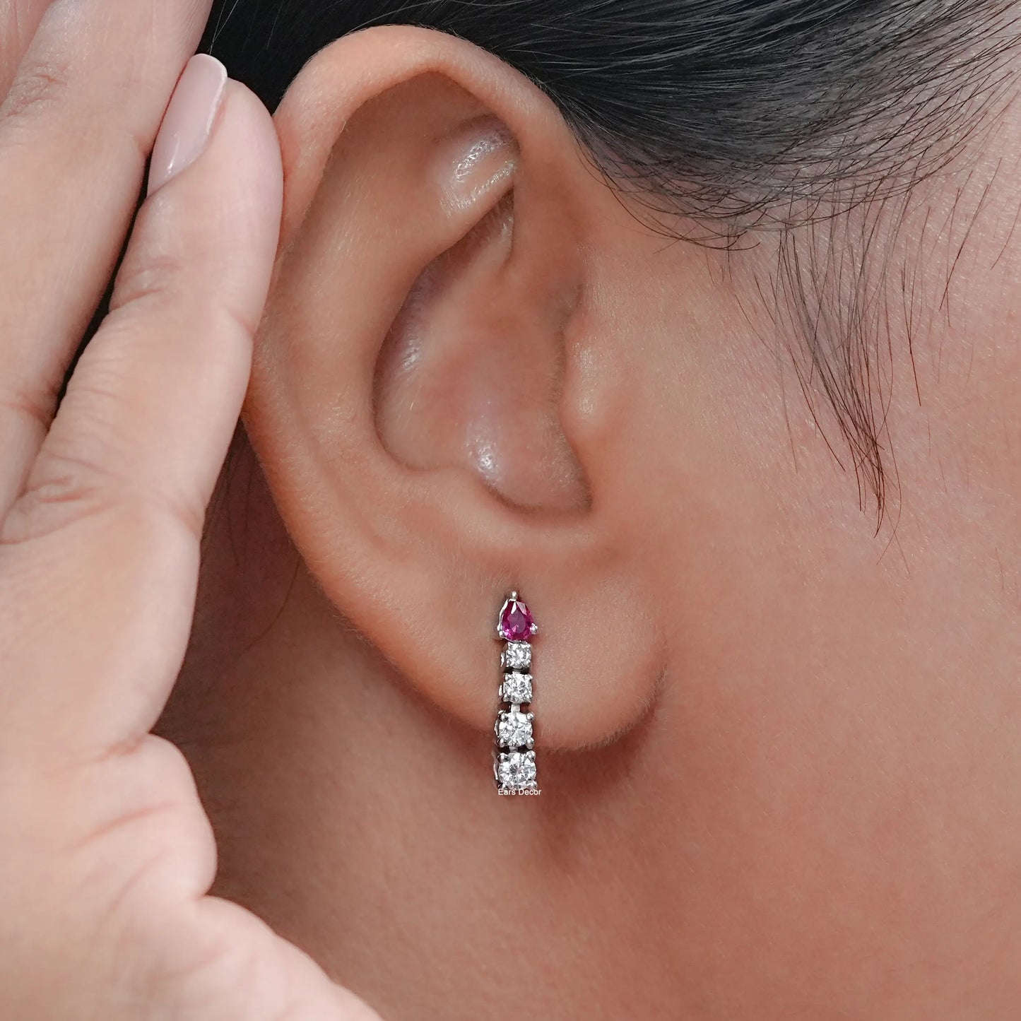 Pear Ruby and Round Diamond Tennis Earrings