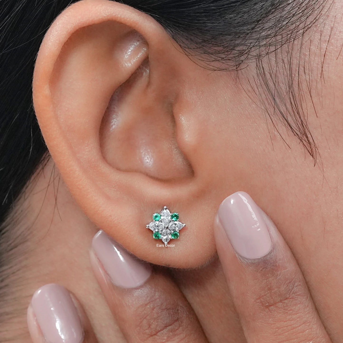 Emerald Gemstone And Marquise Cut Lab Diamond Floral Studs