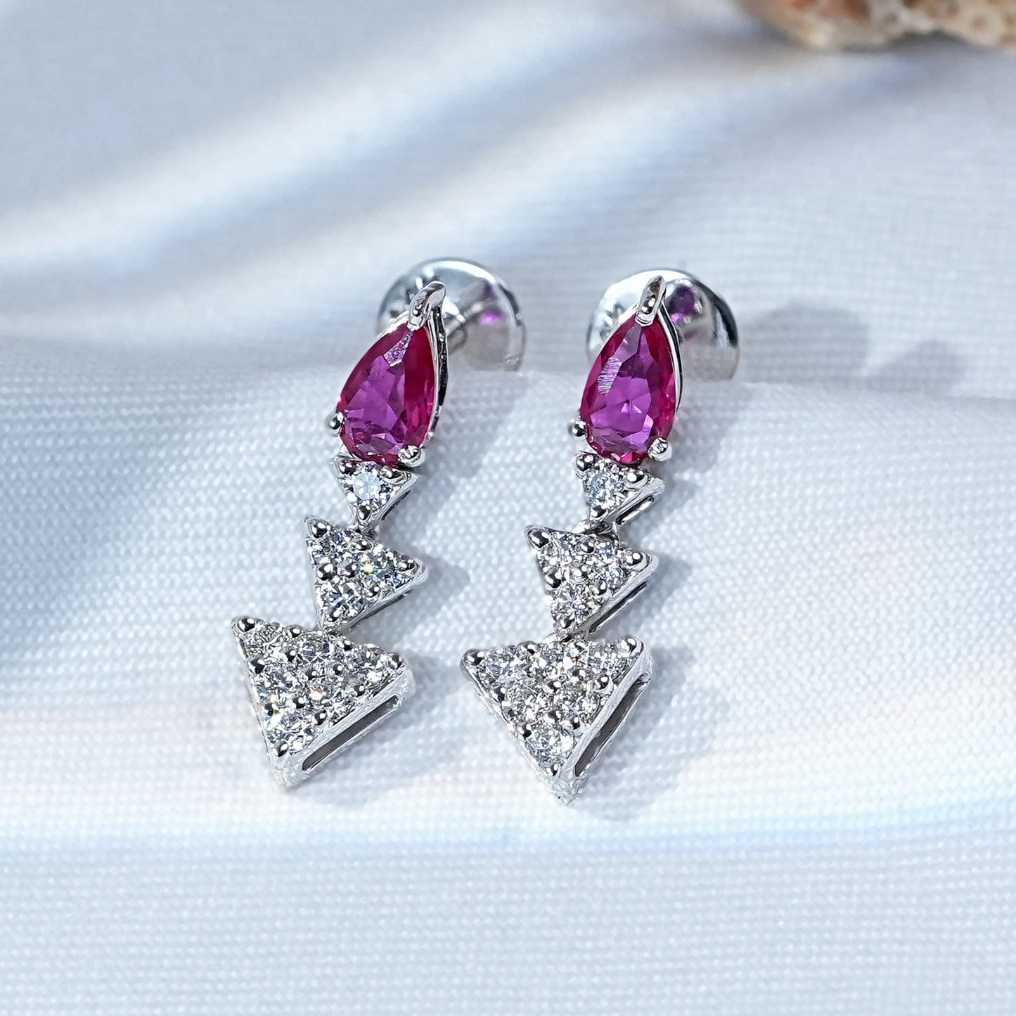 Ruby Pear And Triangle Round Diamond Drop Earring