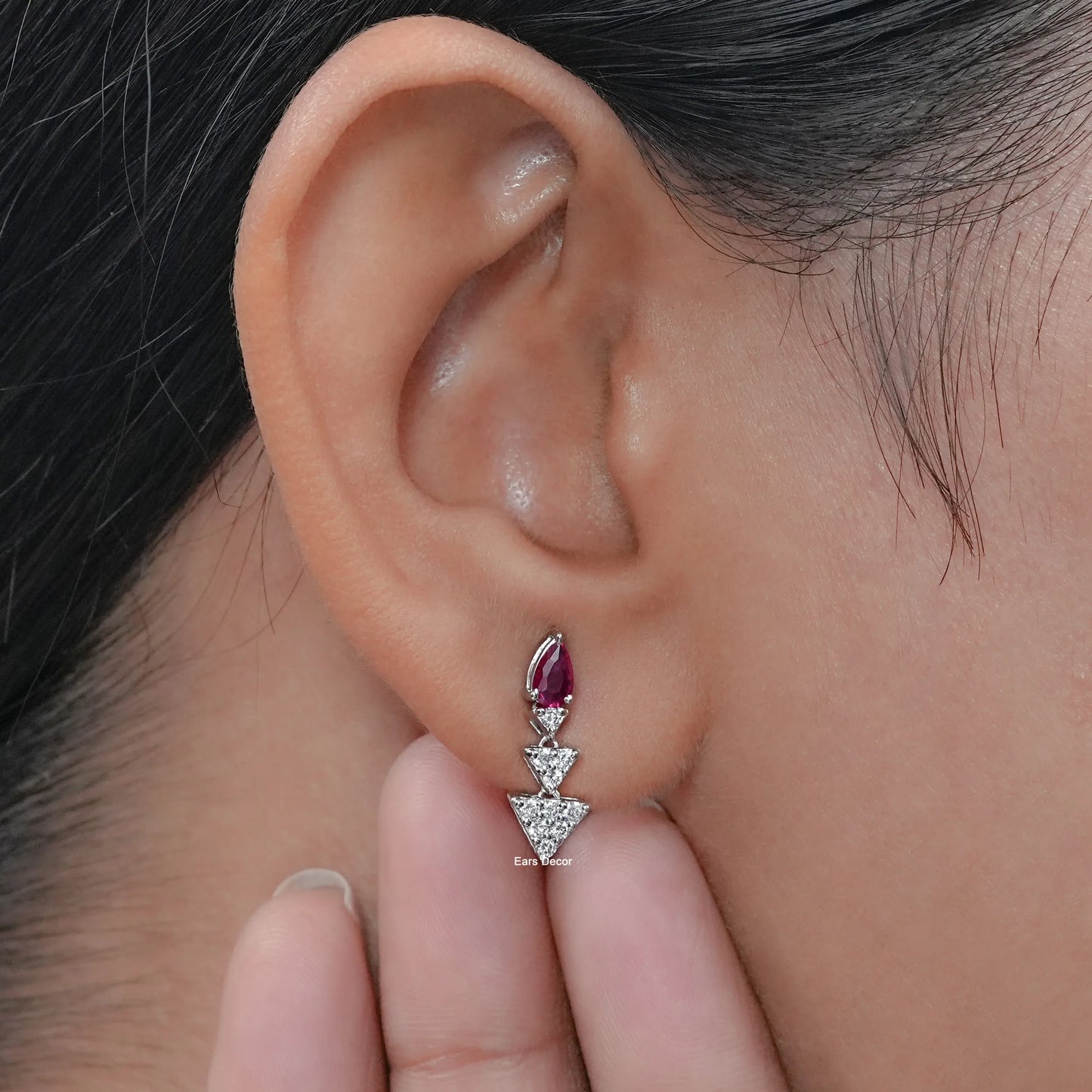 Ruby Pear And Triangle Round Diamond Drop Earring