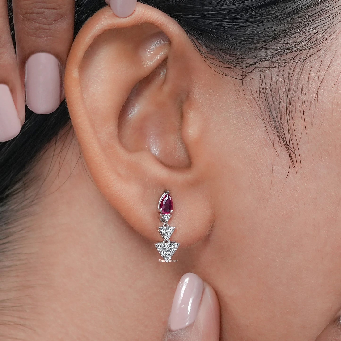 Ruby Pear Gemstone And Triangle Lab Diamond Dangle Earrings