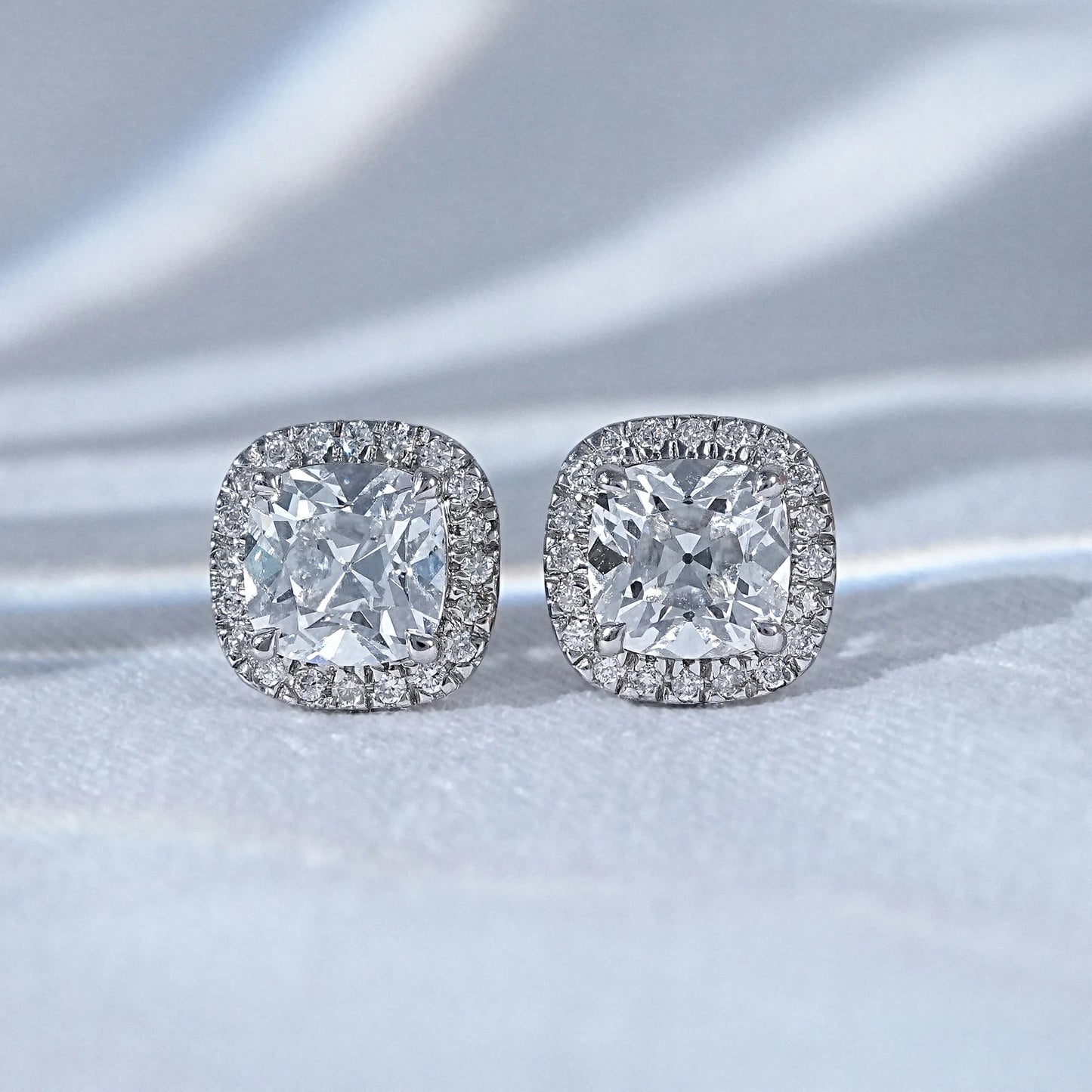 Square Old Mine Cushion Cut Lab Diamond Halo Stud Earrings