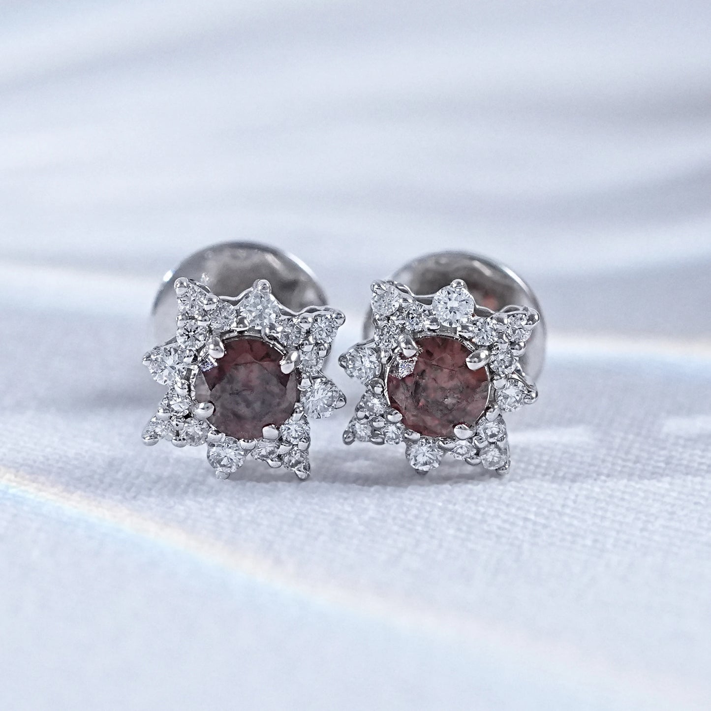 Garnet Gemstone And Diamond Cluster Stud Earrings