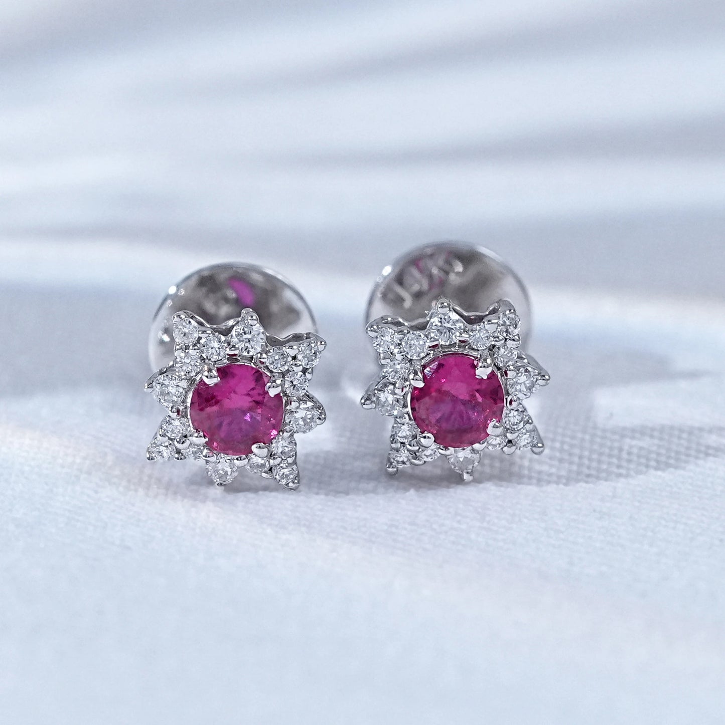Ruby Round Lab Floral Halo Stud Earrings