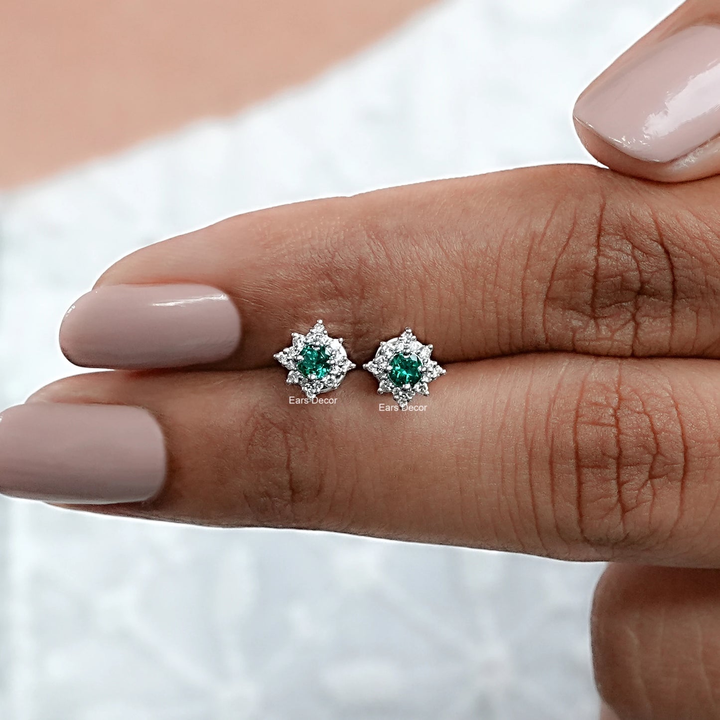 Emerald Round Gemstone Cluster Stud Earrings