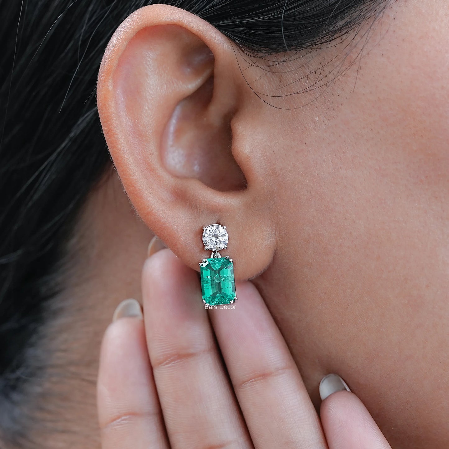 Round Lab Diamond & Emerald Gemstone Drop Earrings