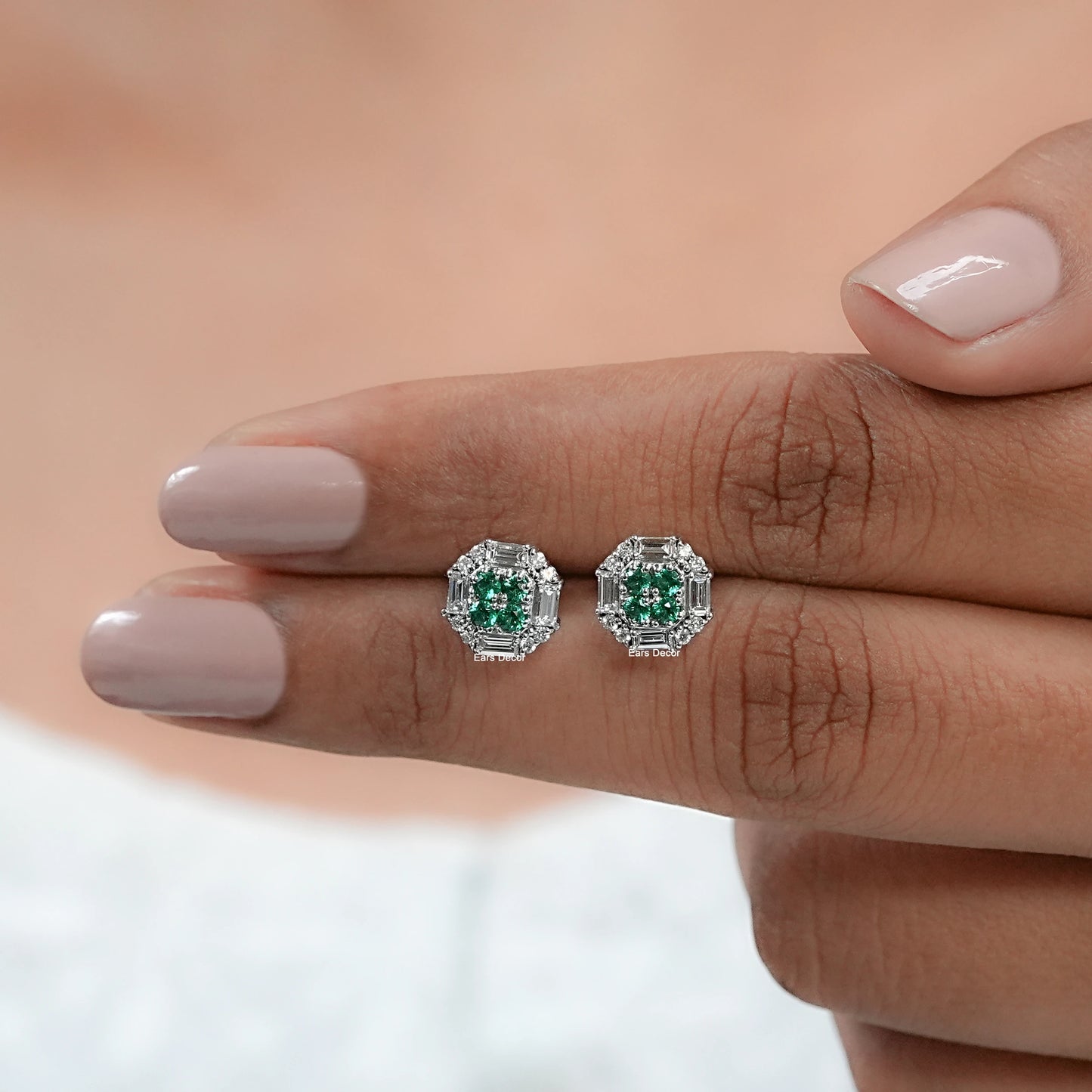 Emerald Round & Baguette Cut Lab Diamond Cluster Stud Earrings