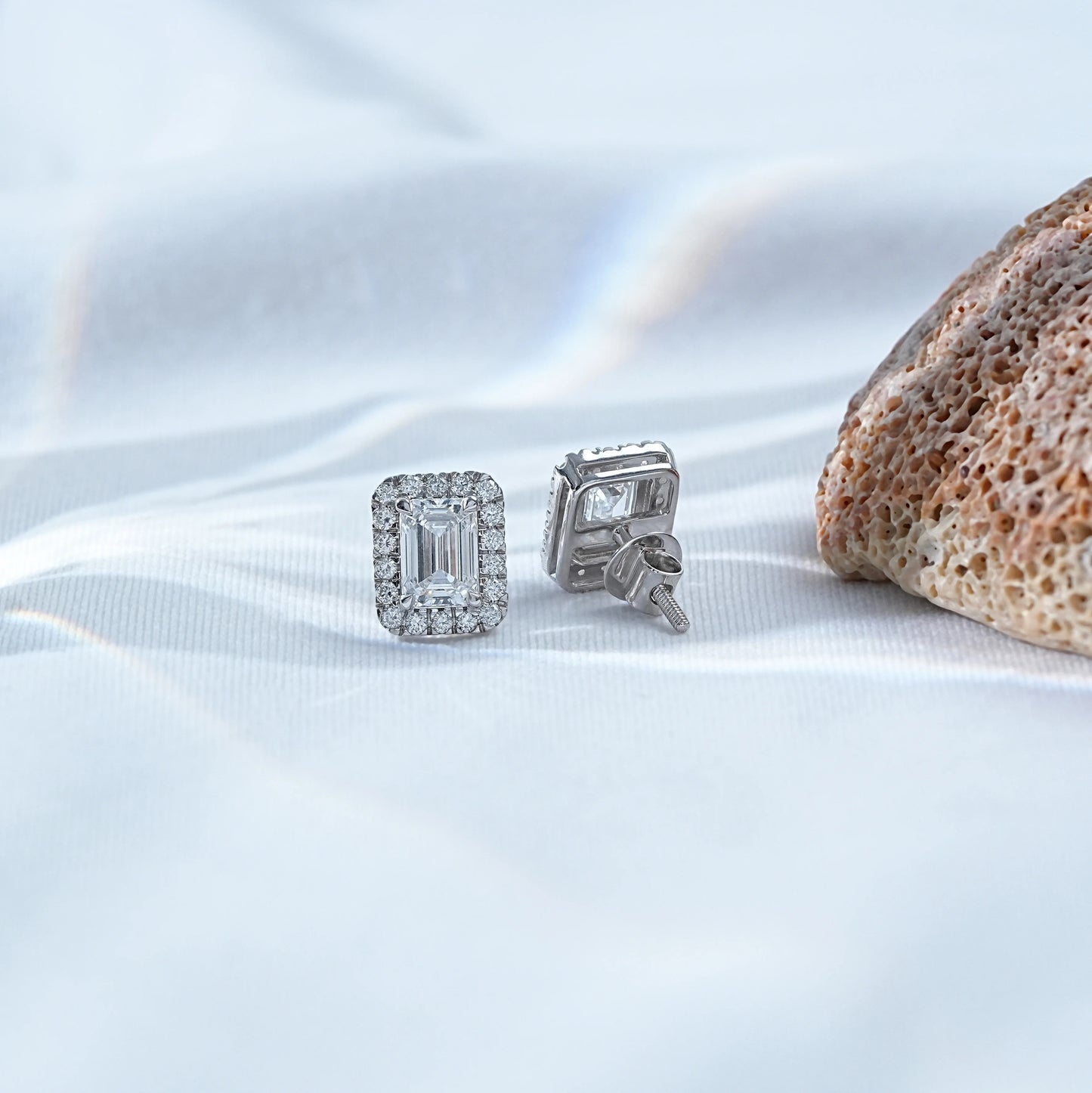 Emerald Cut Lab Diamond Halo Stud Earrings