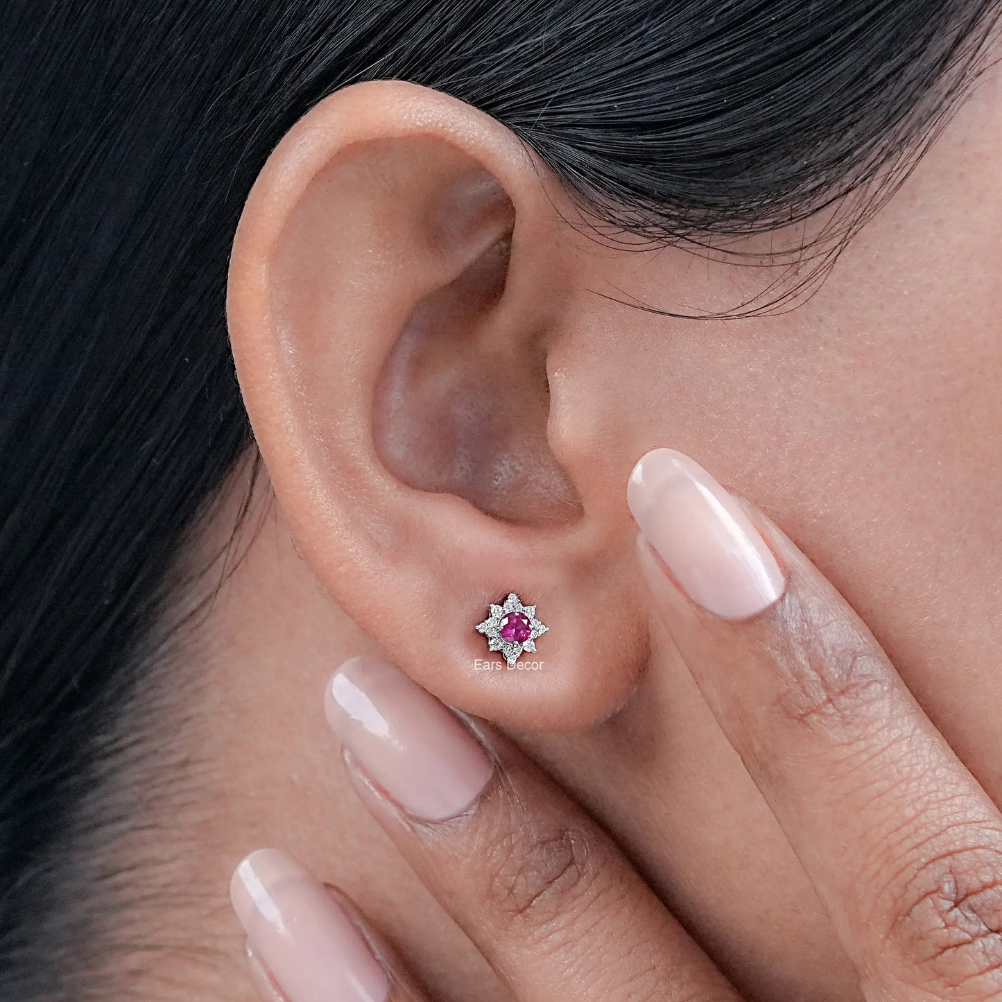 Ruby Round Lab Floral Halo Stud Earrings