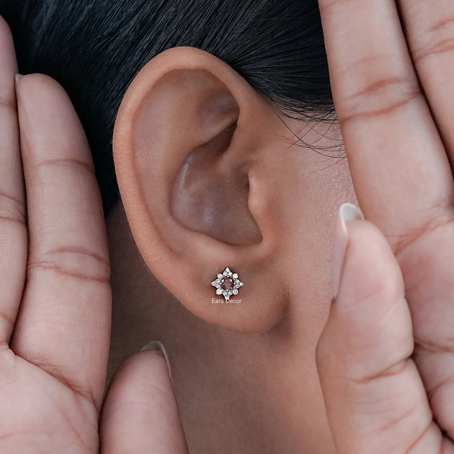 Garnet Gemstone And Diamond Cluster Stud Earrings