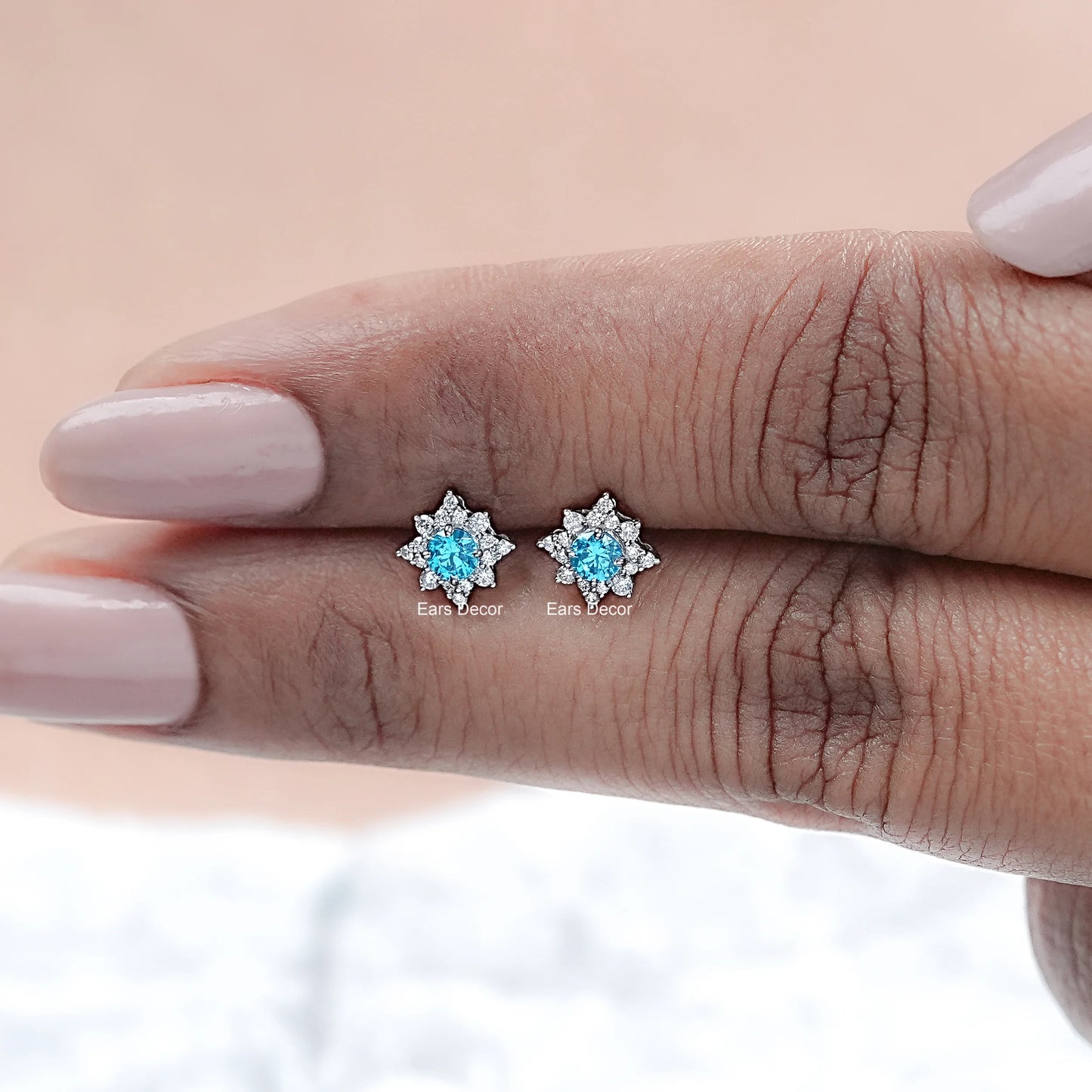 Aquamarine Gemstone Floral Shaped Cluster Stud Earrings