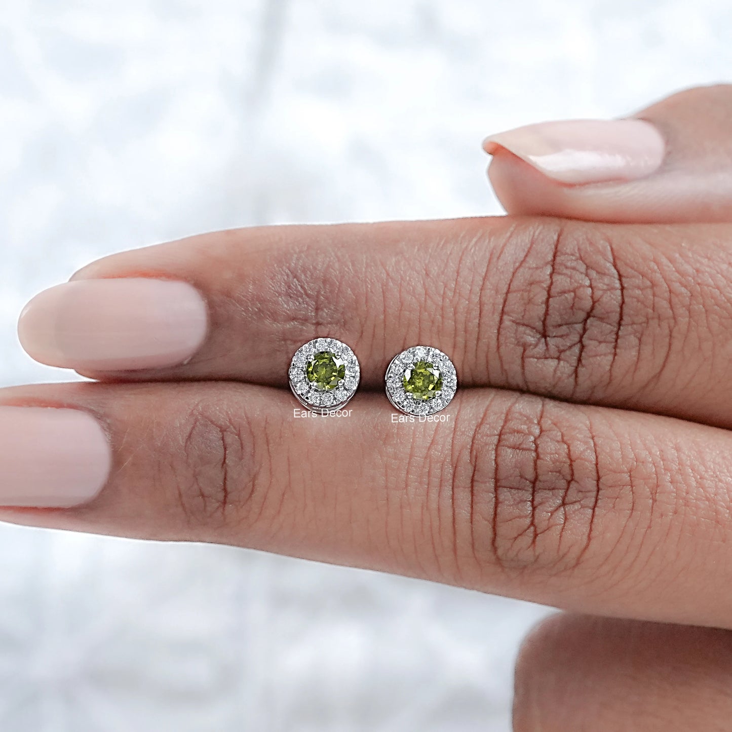 Peridot Green Round Cut Halo Stud Earrings
