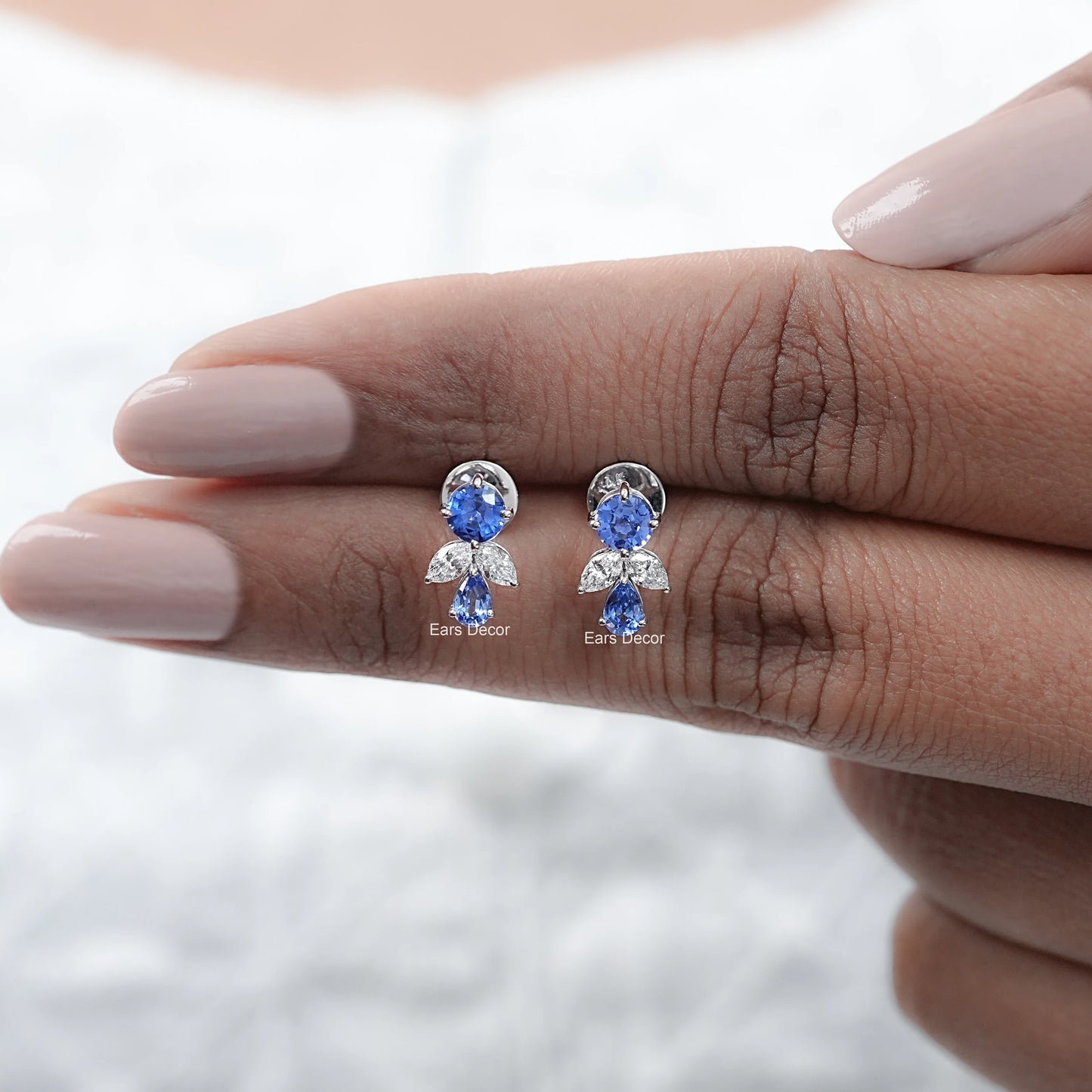 Sapphire Round And Pear Gemstone Drop Earrings