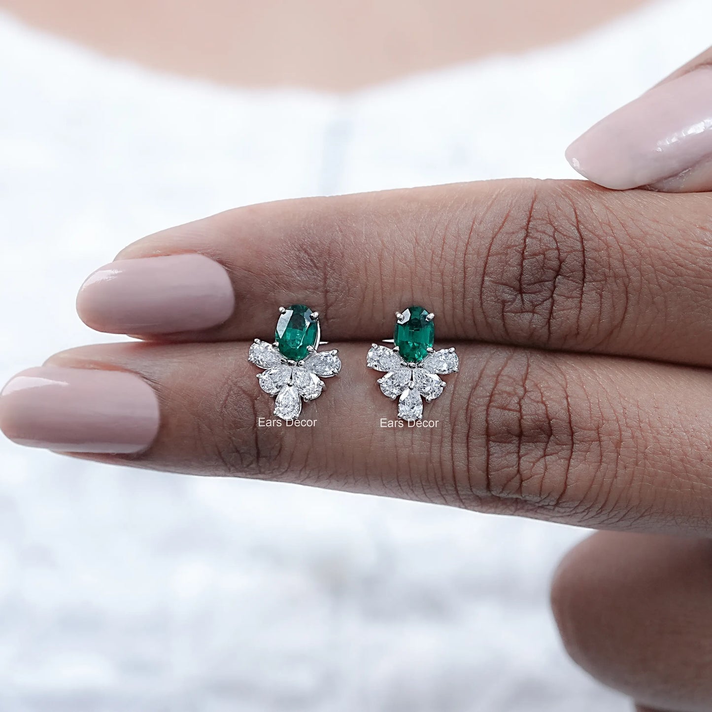Green Oval Gemstone And Pear Diamond Stud Earrings