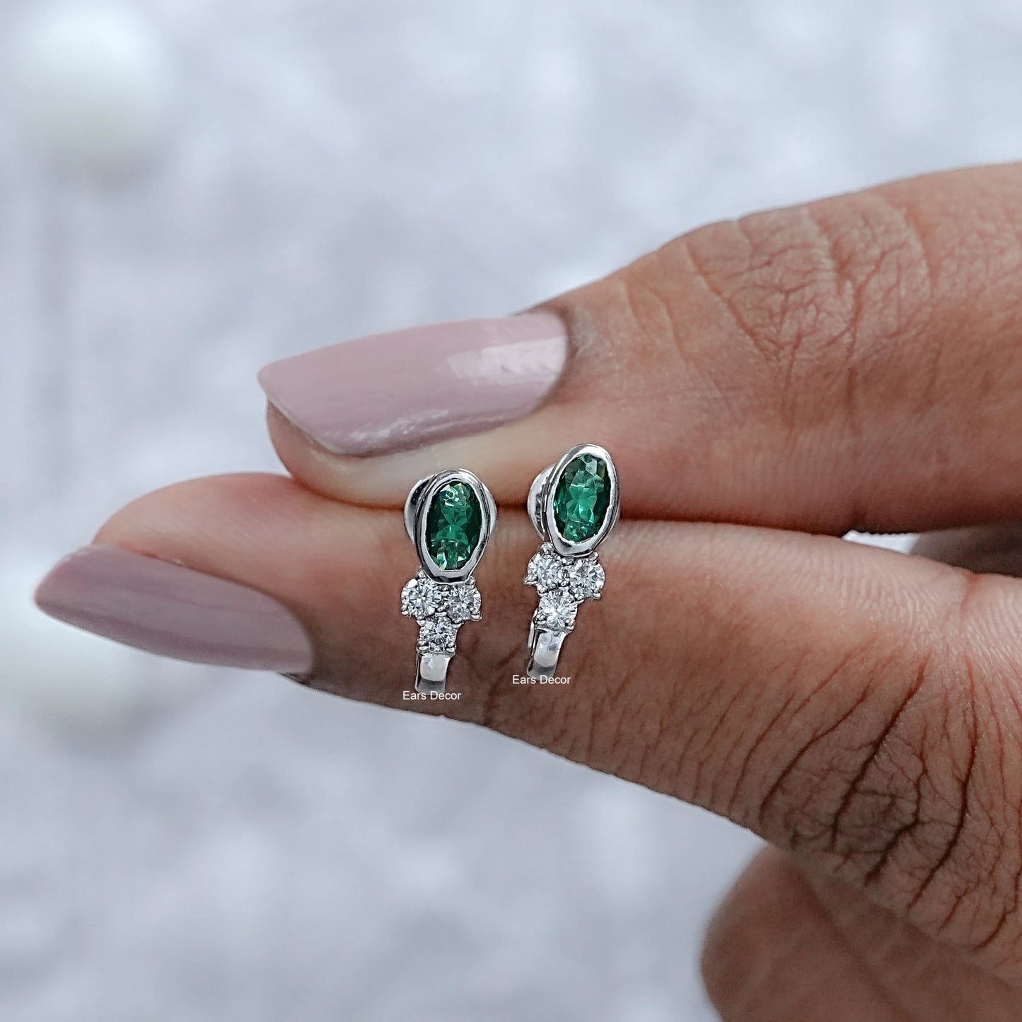 Green Oval Three Round Diamond Curved Earrings