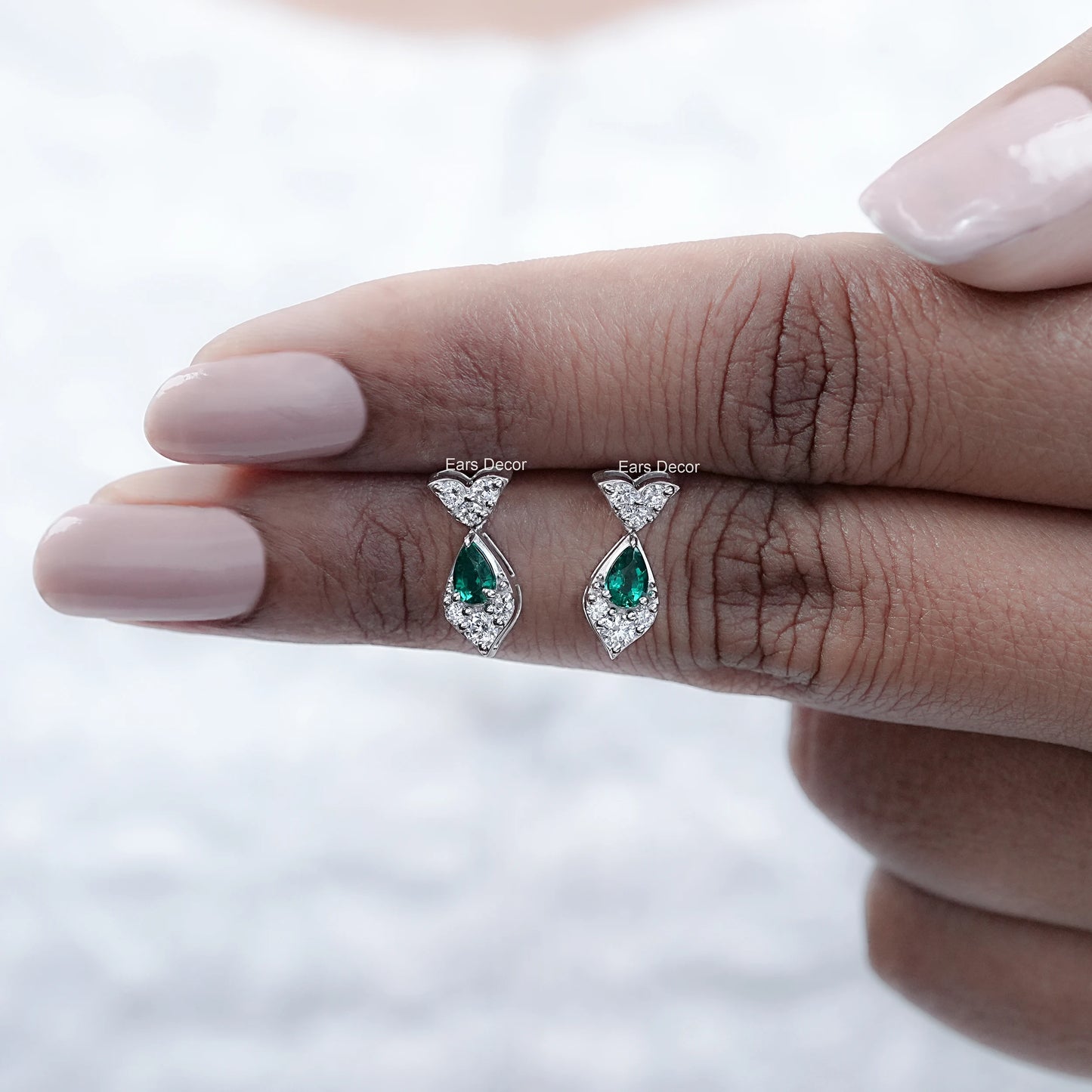 Green Pear And Round Diamond Cluster Drop Earrings