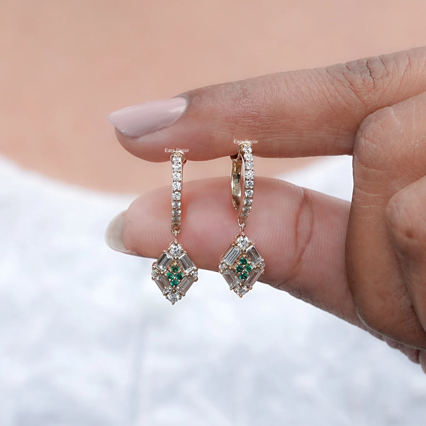 Baguette And Round Green Diamond Dangle Drop Earrings