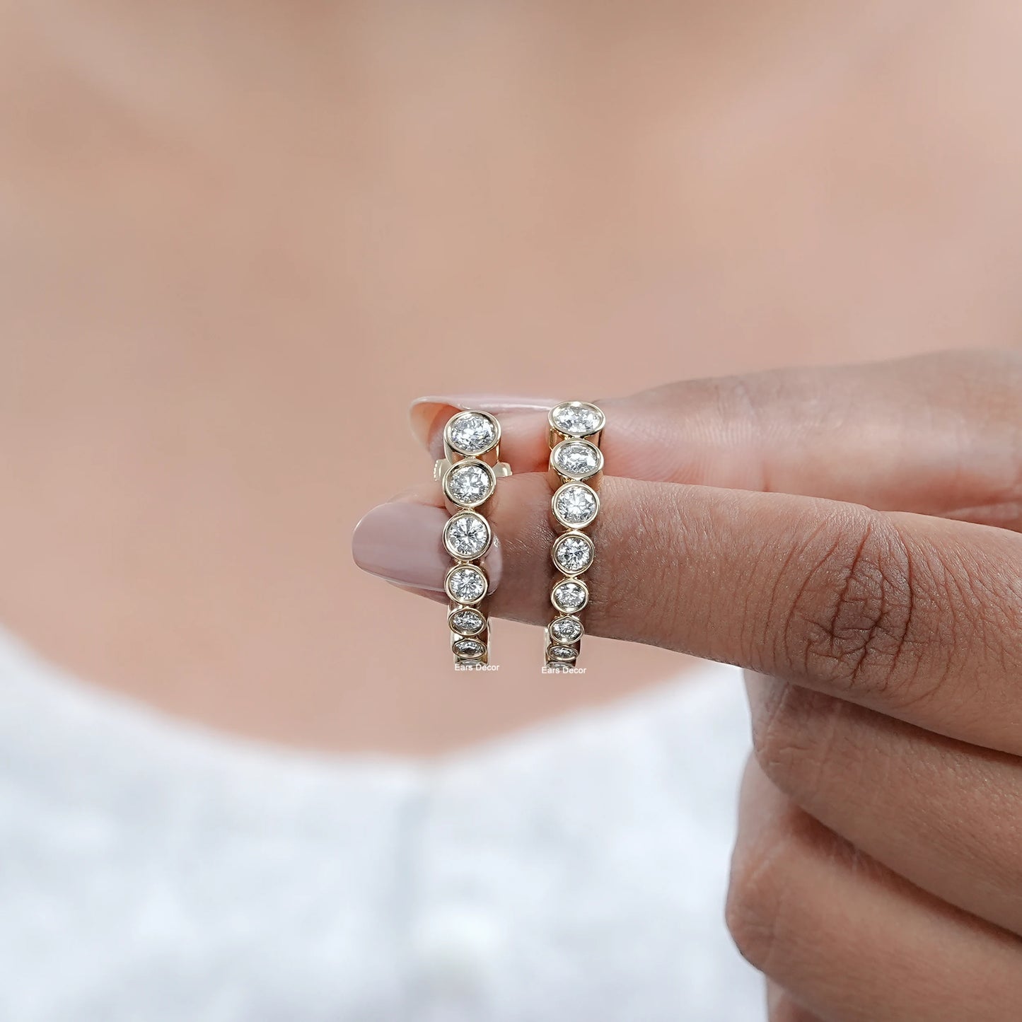 Bezel Set Round Diamond Half Circle Earrings