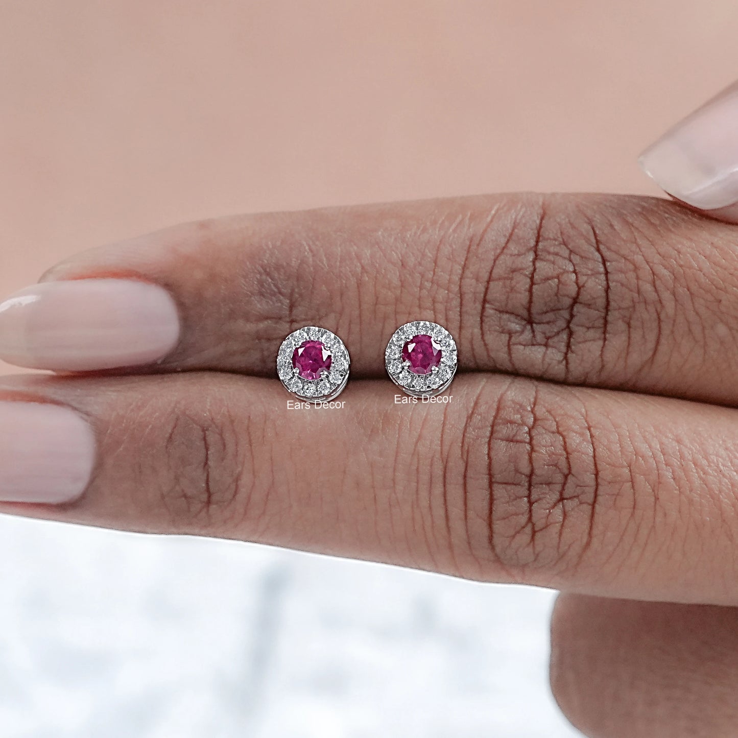 Diamond Round And Tourmaline Pink Halo Stud Earrings