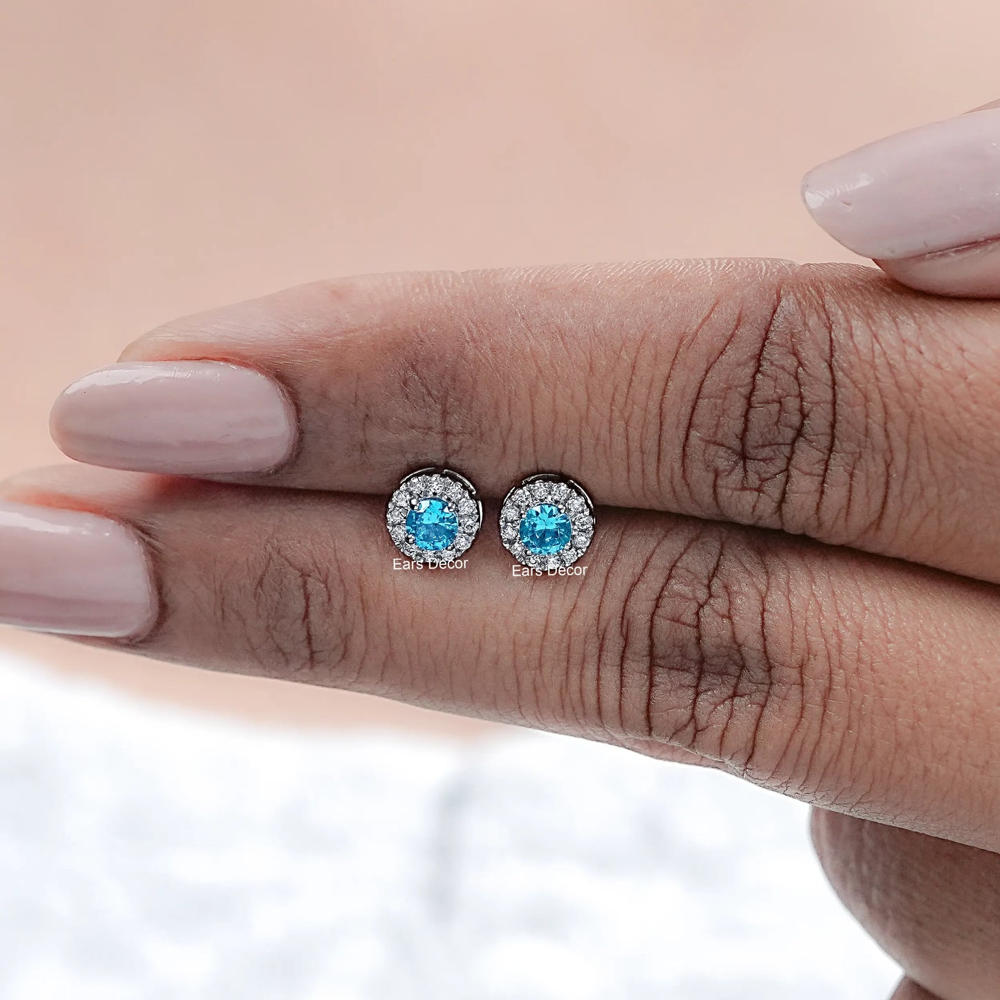 Round Topaz Blue Diamond Halo Stud Earrings