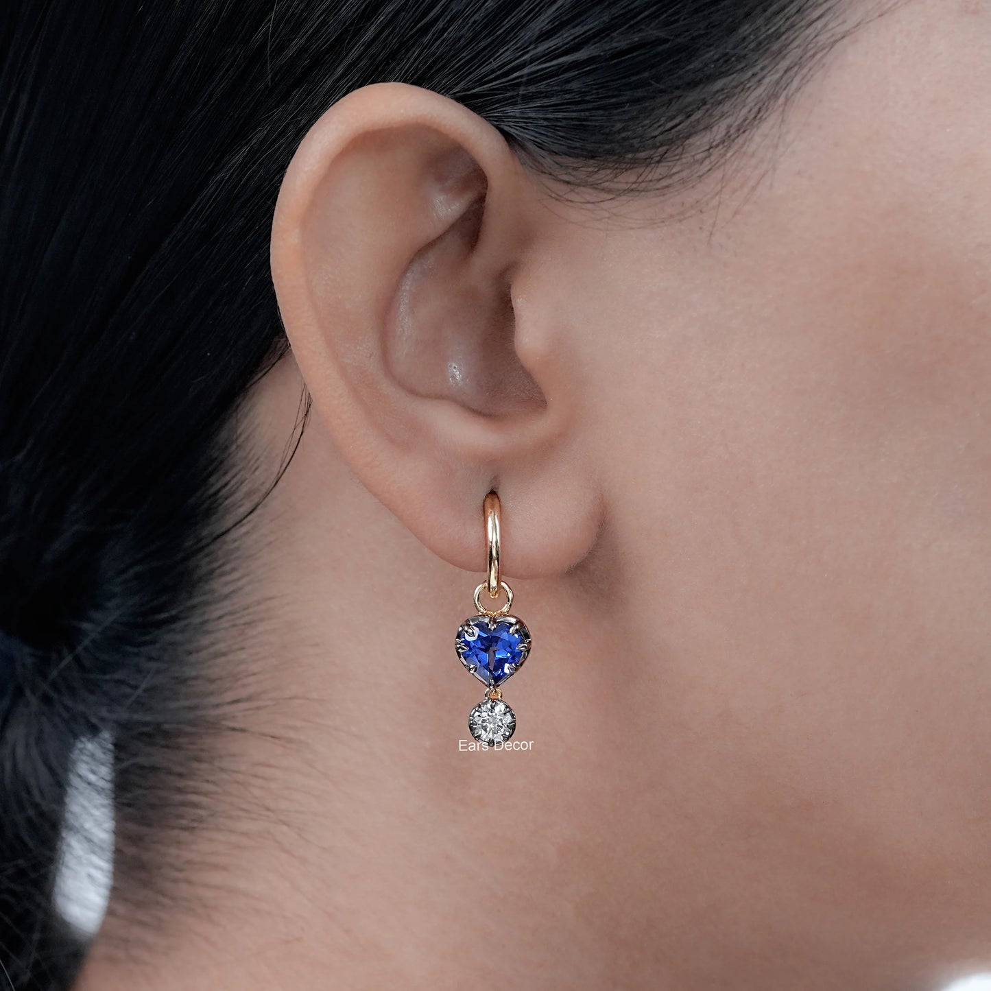 Heart Shaped Sapphire Gemstone Dangle Hoop Earrings