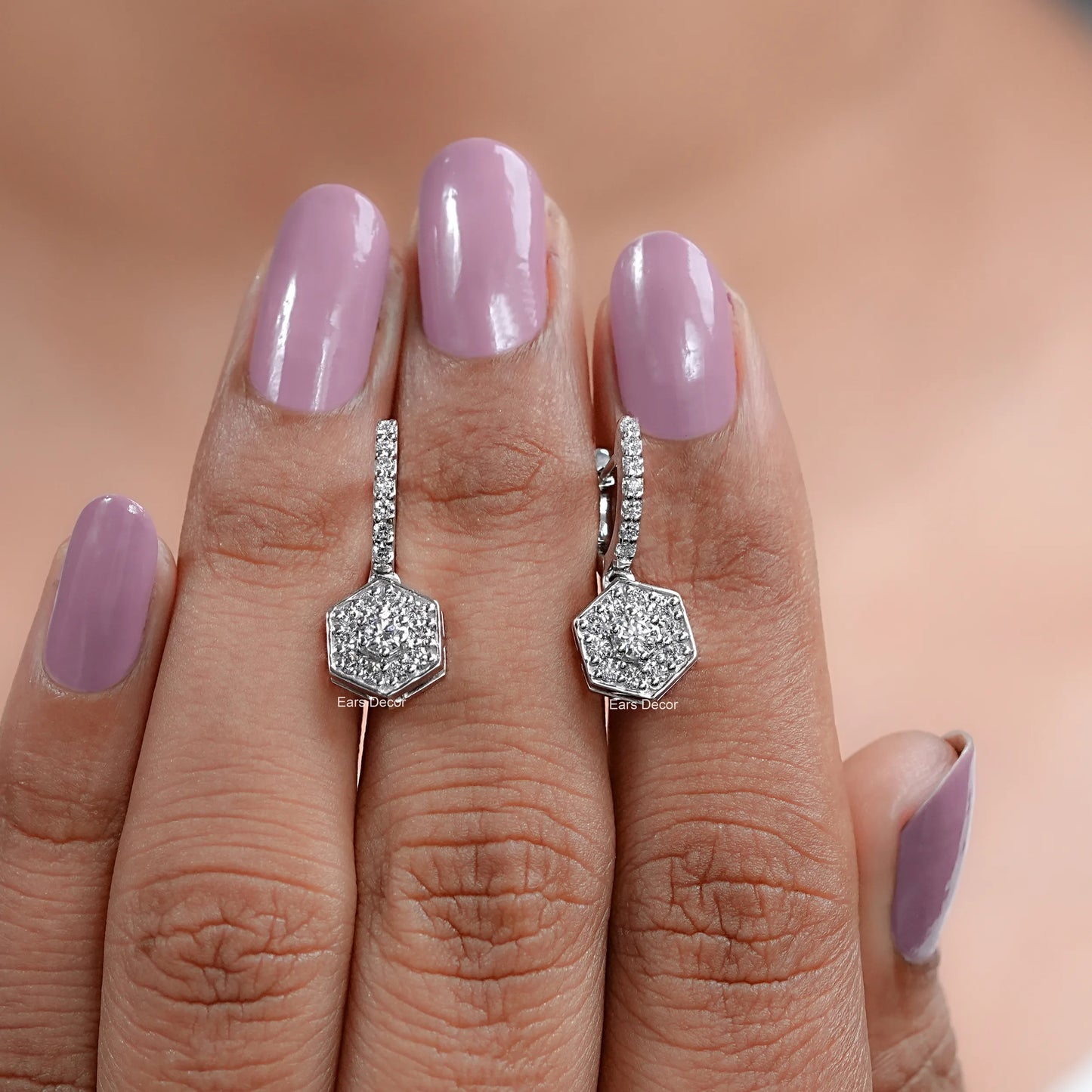 Hexagon Shape Round Cut Lab Diamond Dangle Earrings