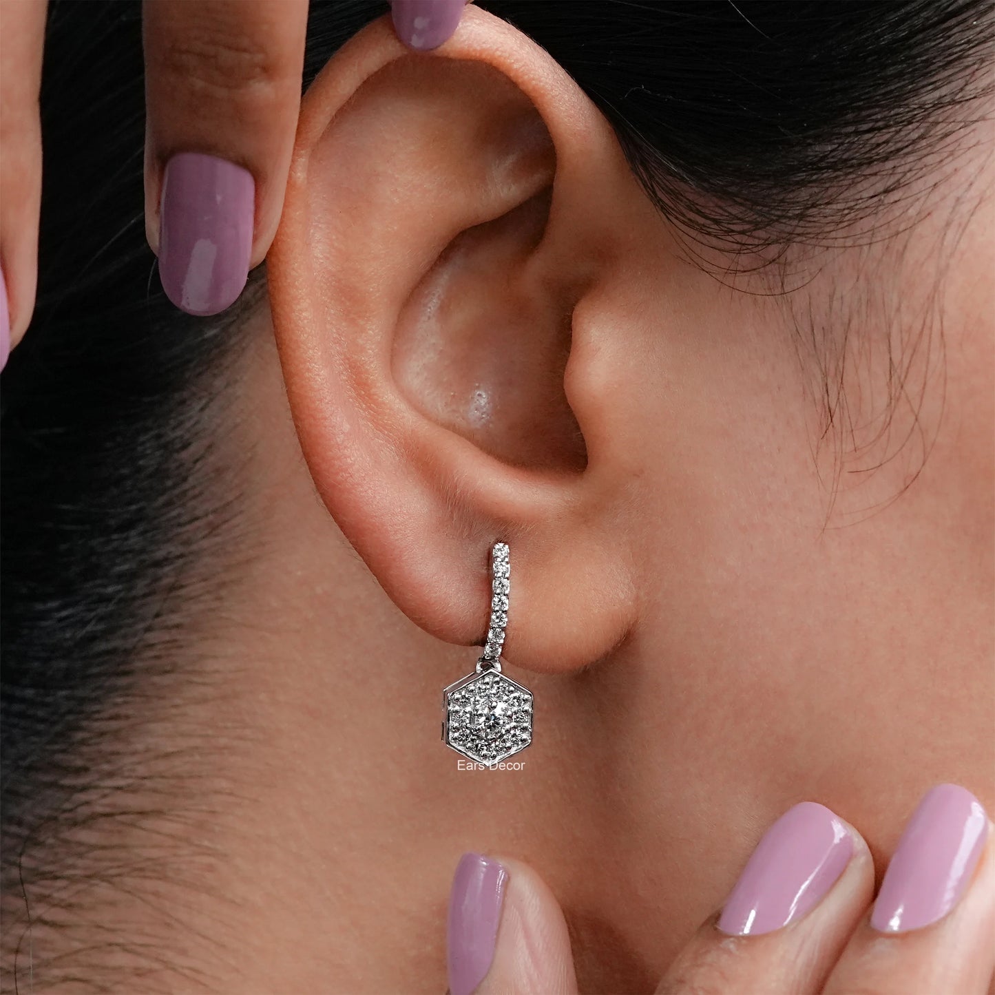 Hexagon Shape Round Cut Lab Diamond Drop Earrings