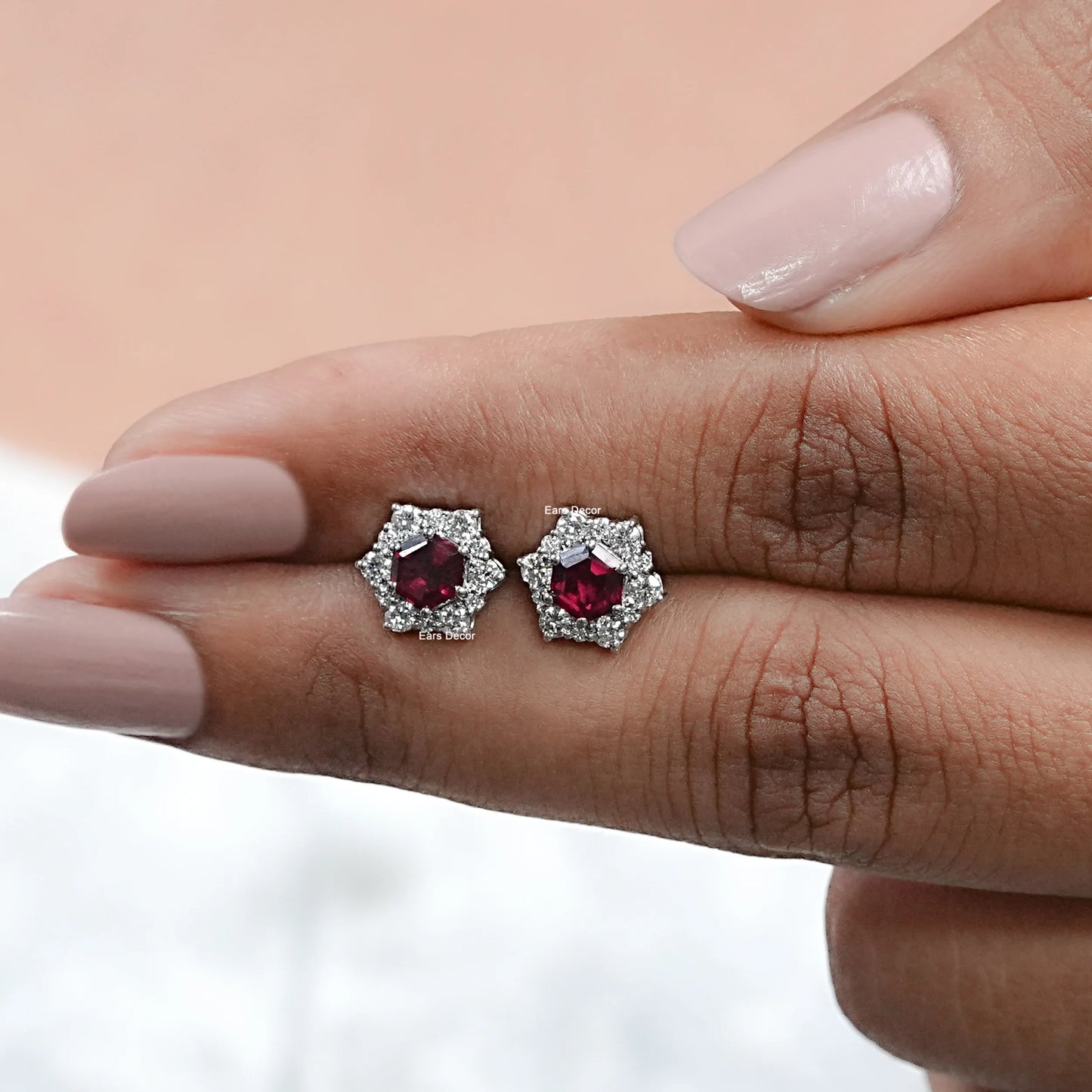 Floral Ruby Hexagon Halo Set Cluster Stud Earring