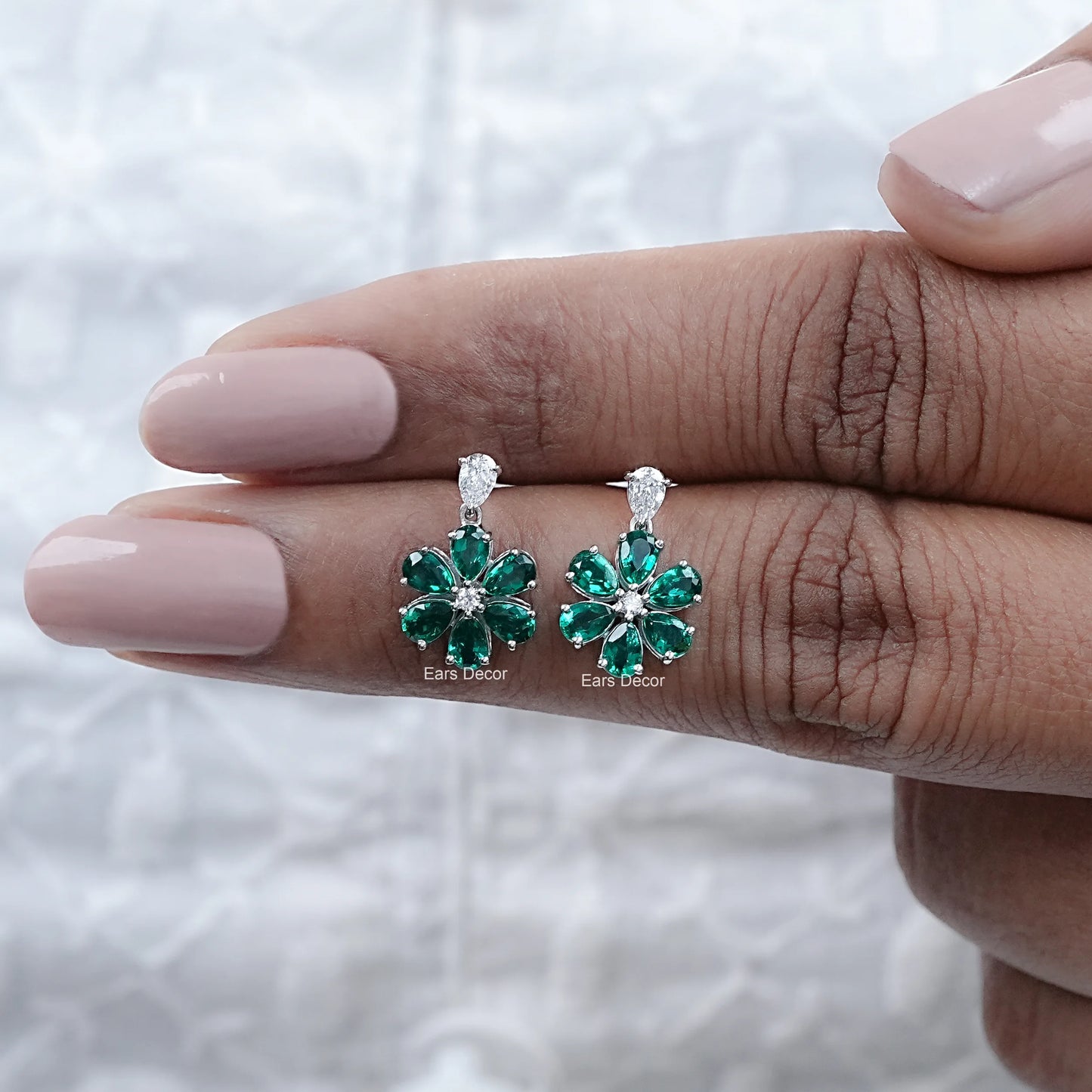 Green Pear Gemstone Halo Floral Drop Earrings