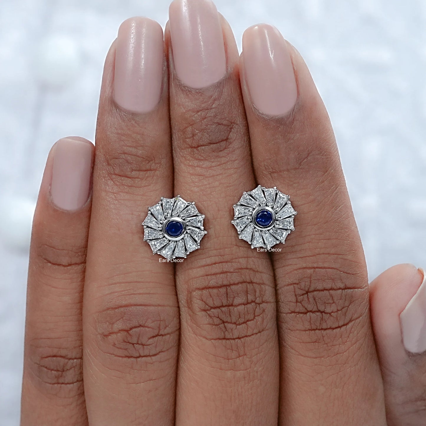 Sapphire Round And Tapered Baguette Halo Stud Earrings