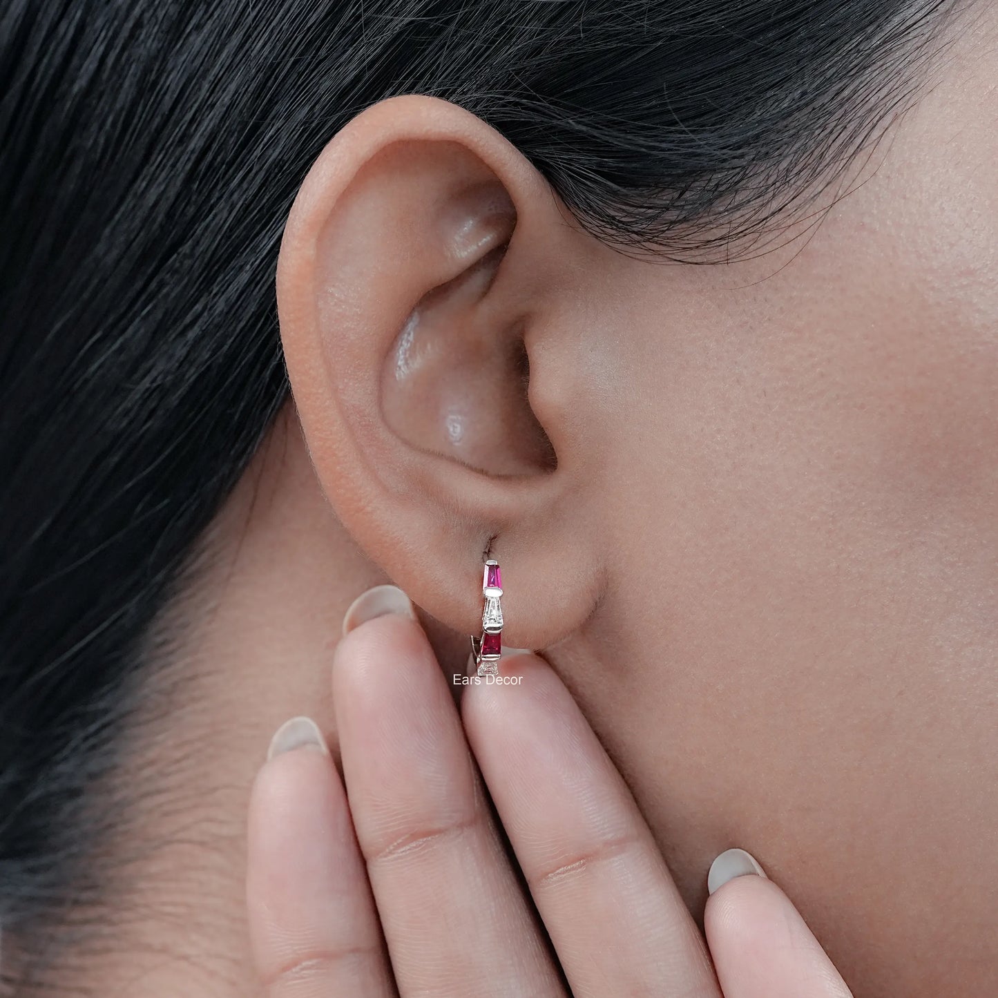 Ruby Tapered Baguette And Diamond Hoop Earrings