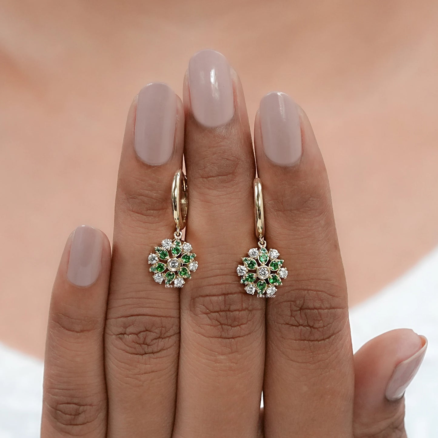 Emerald Round And Lab Diamond Hoop Dangle Earrings