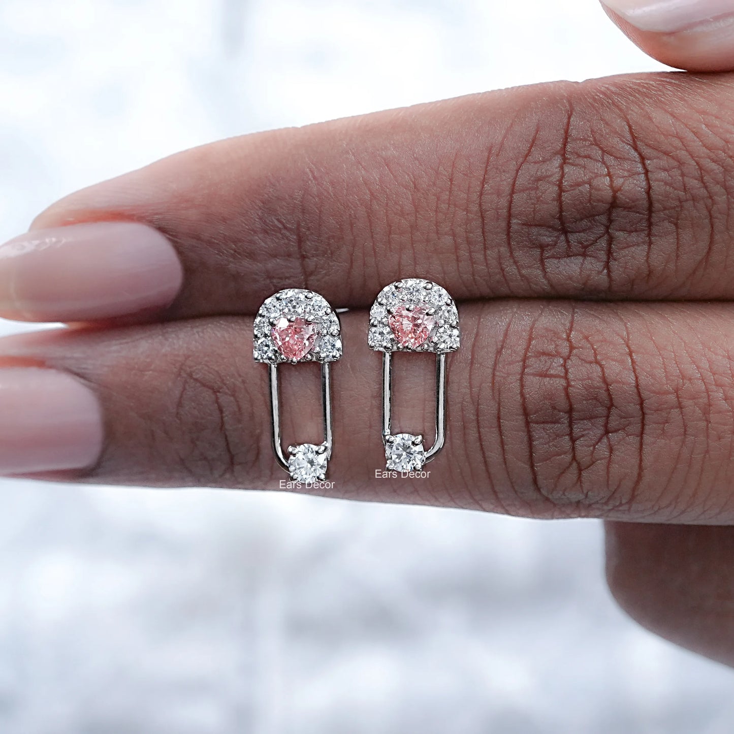 Pink Heart And Round Diamond Safety Pin Drop Earrings