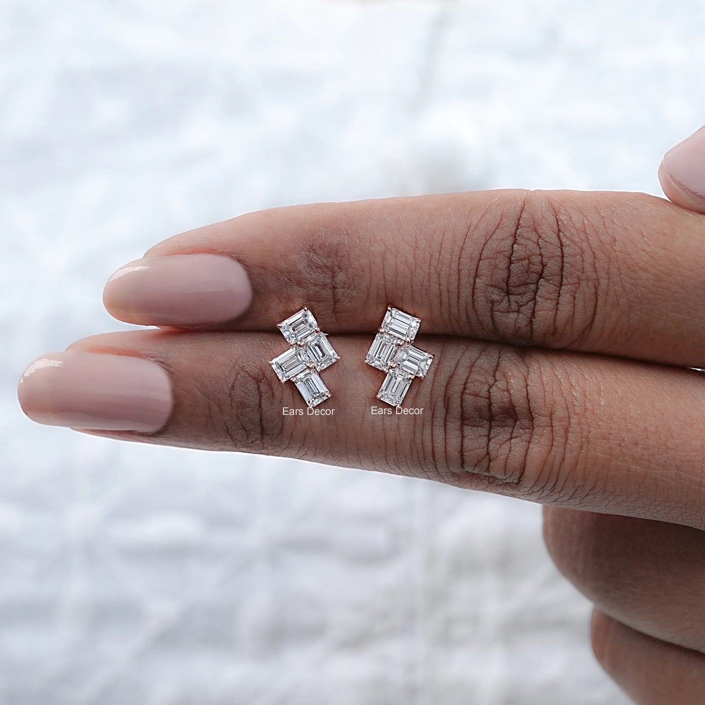 Four Emerald Lab Diamond Cluster Earrings