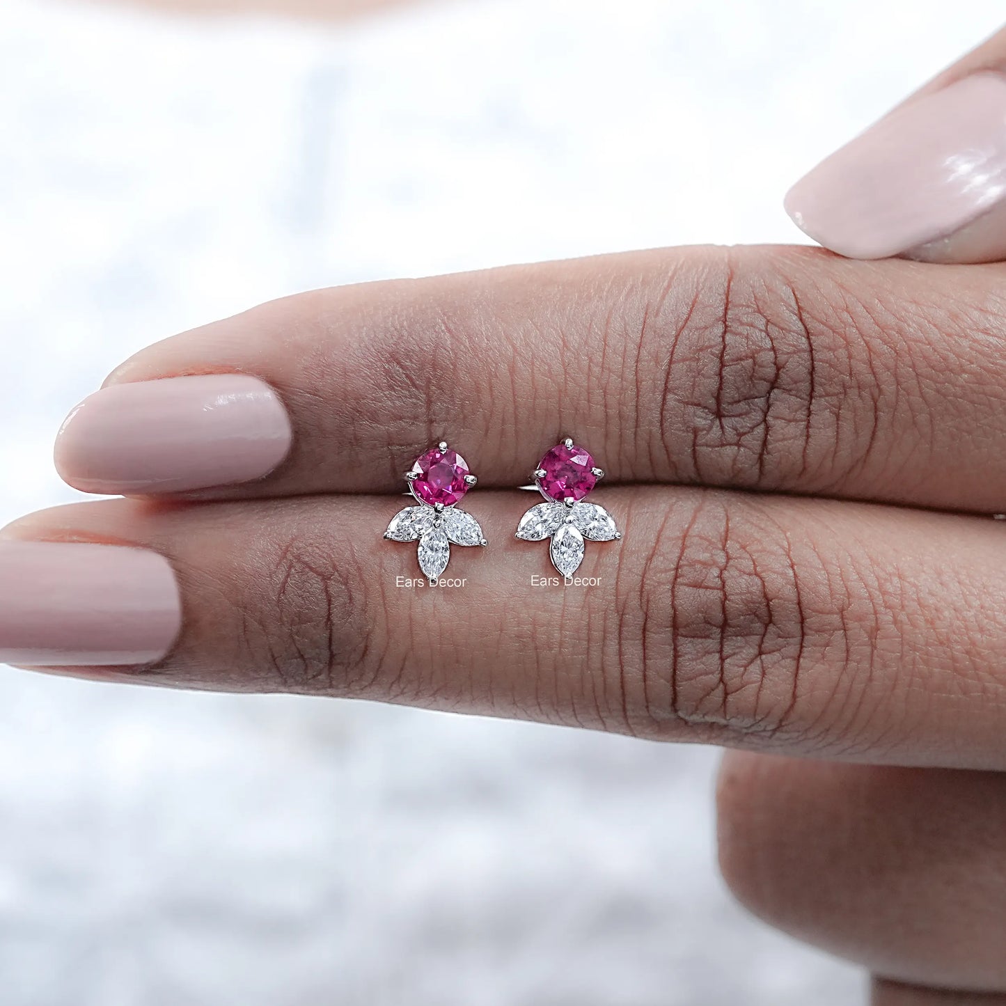 Ruby Round And Pear Diamond Stud Earrings